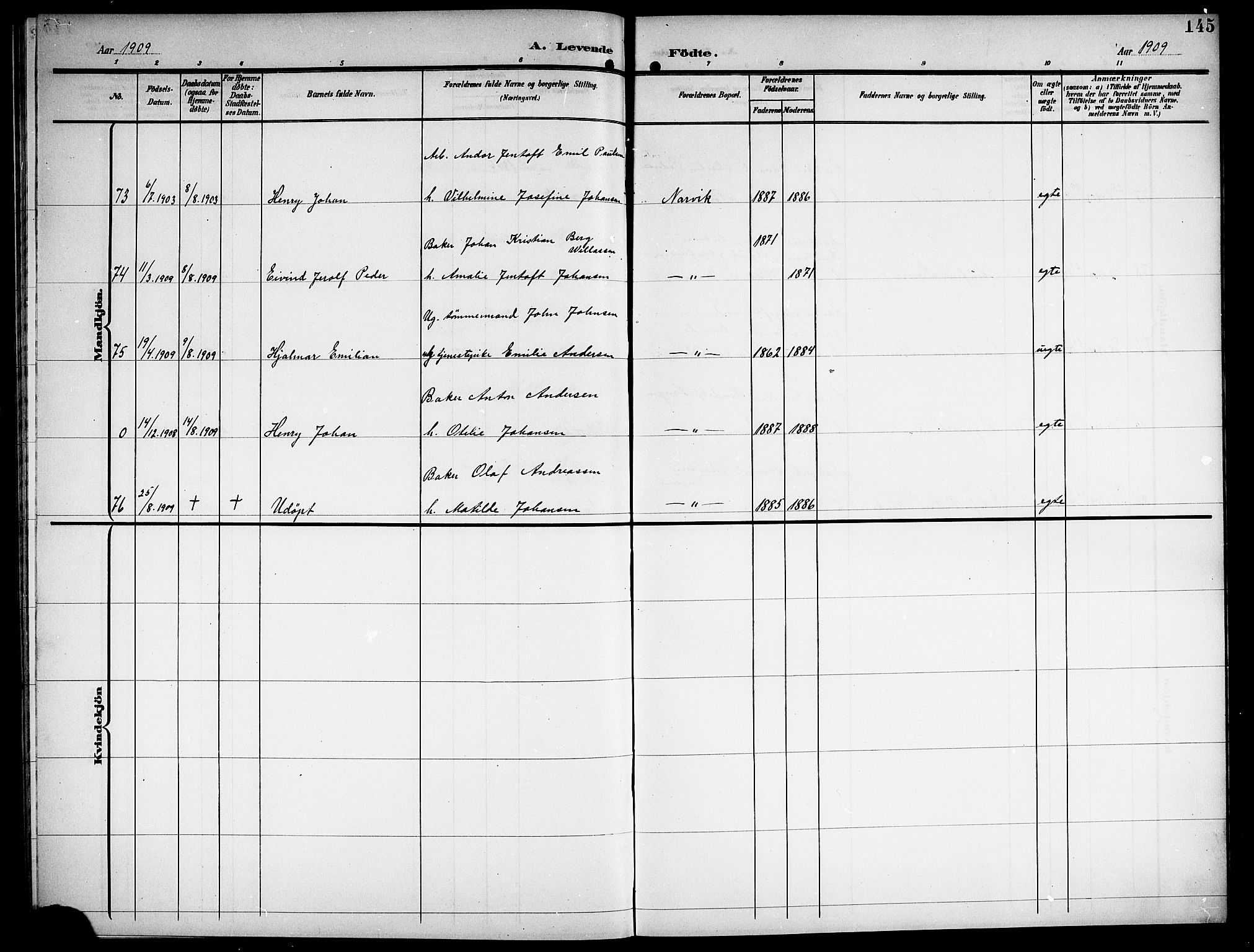 Ministerialprotokoller, klokkerbøker og fødselsregistre - Nordland, AV/SAT-A-1459/871/L1012: Parish register (copy) no. 871C01, 1902-1909, p. 145