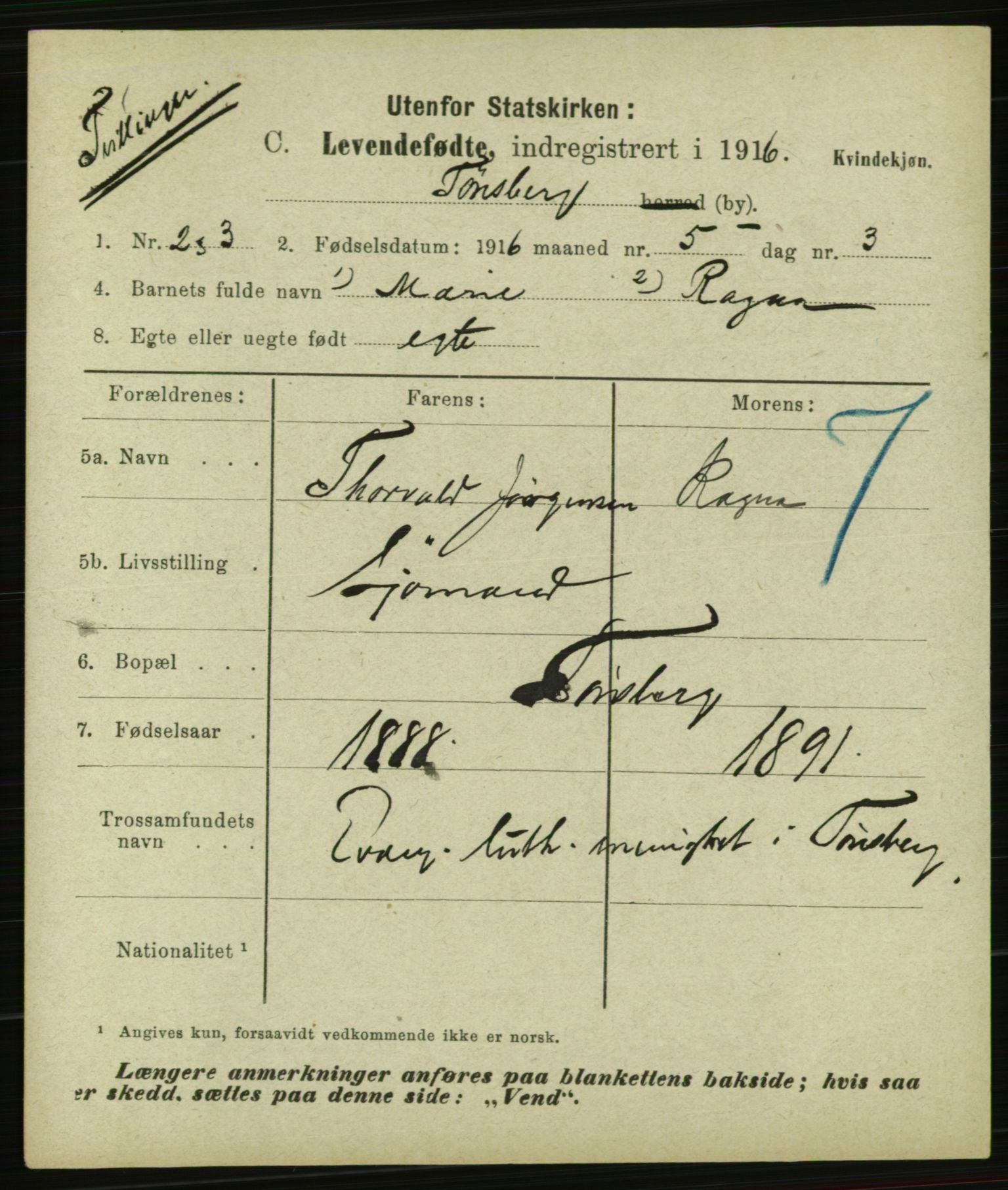 Statistisk sentralbyrå, Sosiodemografiske emner, Befolkning, RA/S-2228/E/L0014: Fødte, gifte, døde dissentere., 1916, p. 2993