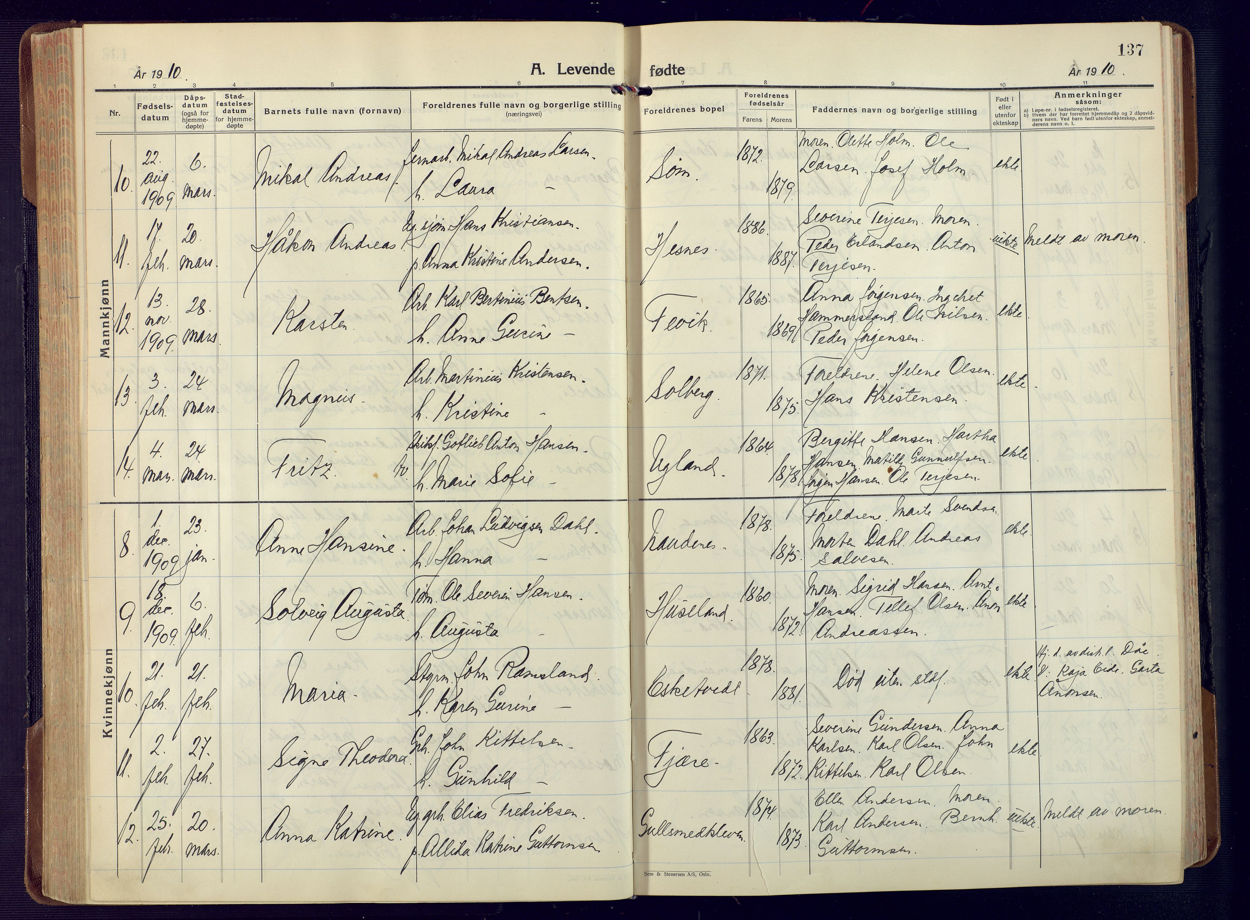 Fjære sokneprestkontor, AV/SAK-1111-0011/F/Fa/L0004: Parish register (official) no. A 4, 1902-1925, p. 137