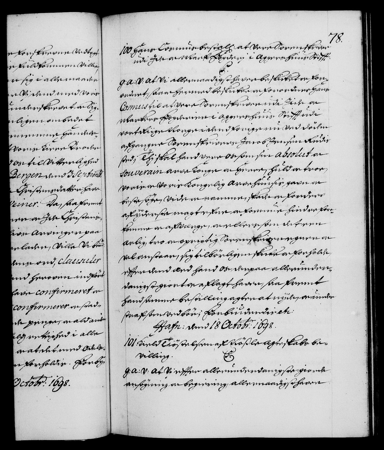 Danske Kanselli 1572-1799, AV/RA-EA-3023/F/Fc/Fca/Fcaa/L0017: Norske registre (mikrofilm), 1698-1699, p. 78a