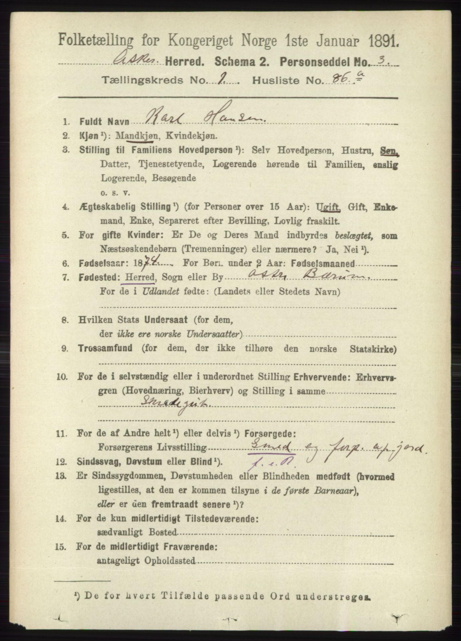 RA, 1891 census for 0220 Asker, 1891, p. 739