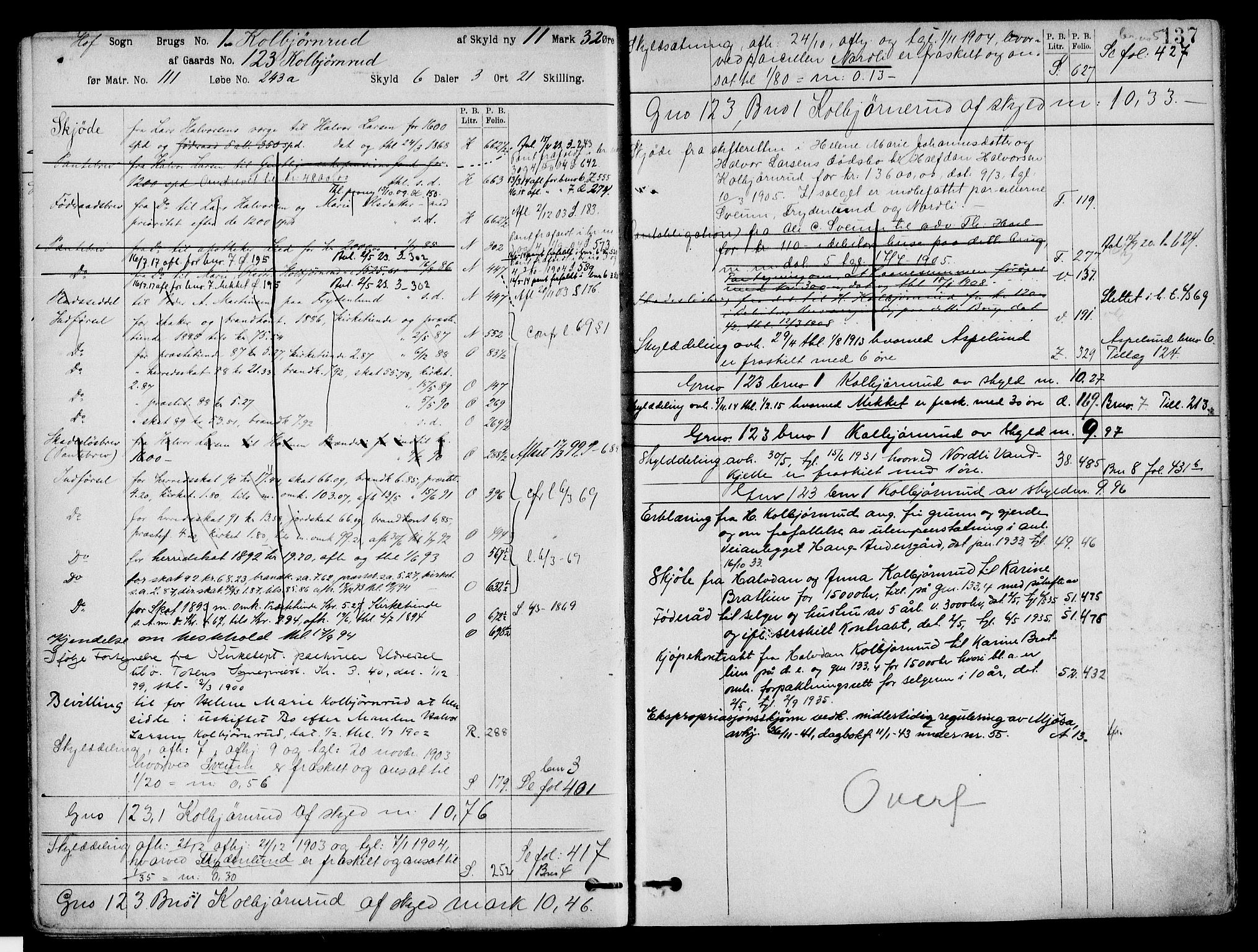 Toten tingrett, SAH/TING-006/H/Ha/Haa/L0032: Mortgage register no. 32, 1908, p. 137