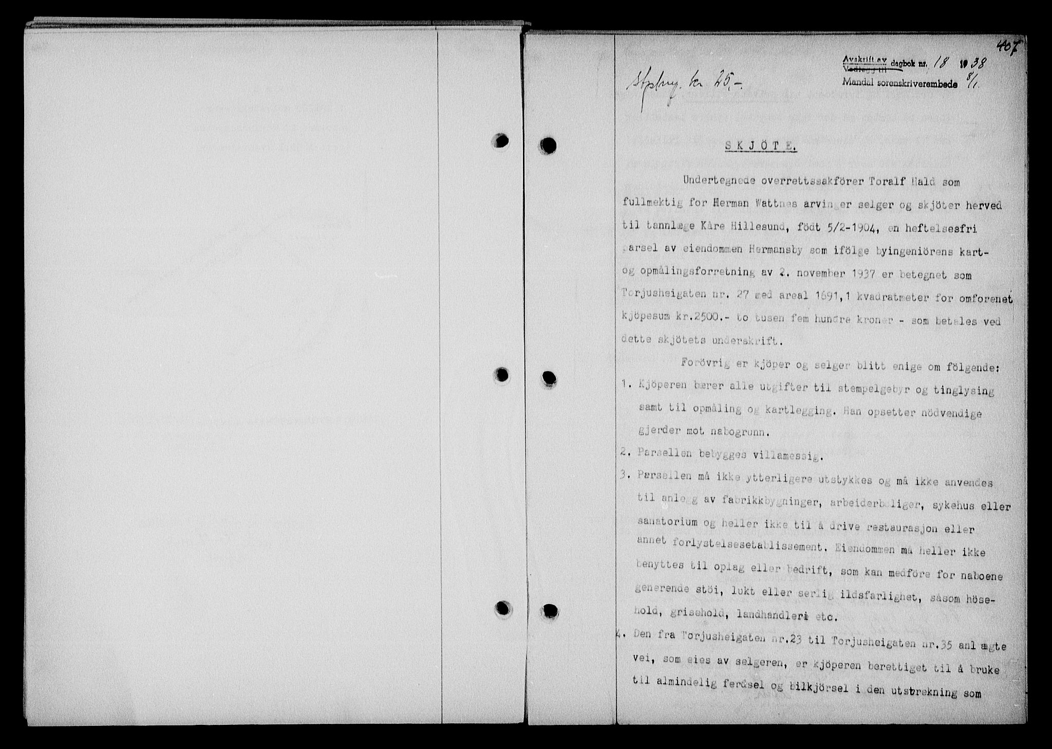 Mandal sorenskriveri, SAK/1221-0005/001/G/Gb/Gba/L0071: Mortgage book no. A-8, 1937-1939, Diary no: : 18/1938