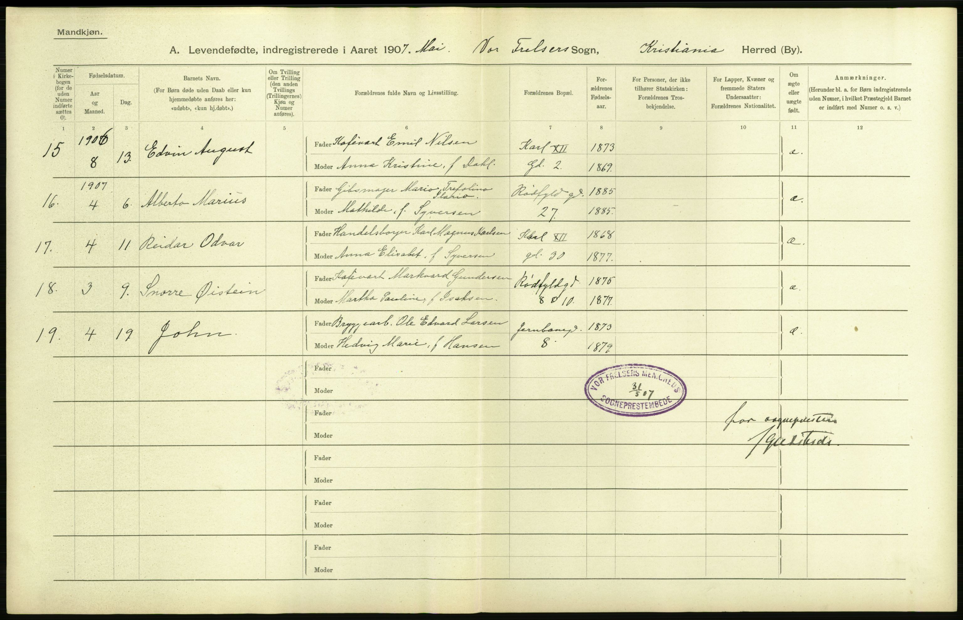 Statistisk sentralbyrå, Sosiodemografiske emner, Befolkning, AV/RA-S-2228/D/Df/Dfa/Dfae/L0006: Kristiania: Levendefødte menn og kvinner., 1907, p. 14