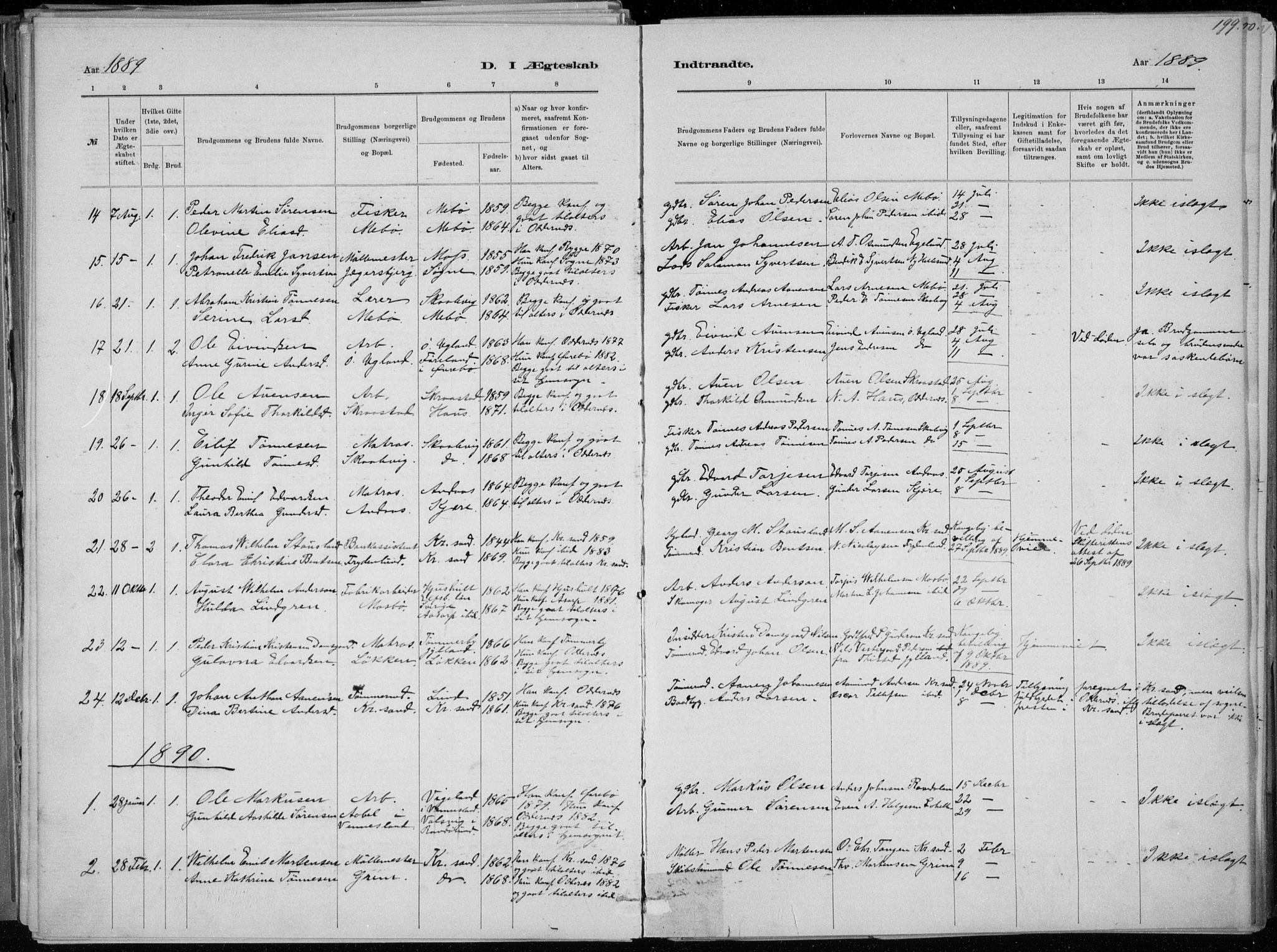 Oddernes sokneprestkontor, SAK/1111-0033/F/Fa/Faa/L0009: Parish register (official) no. A 9, 1884-1896, p. 199