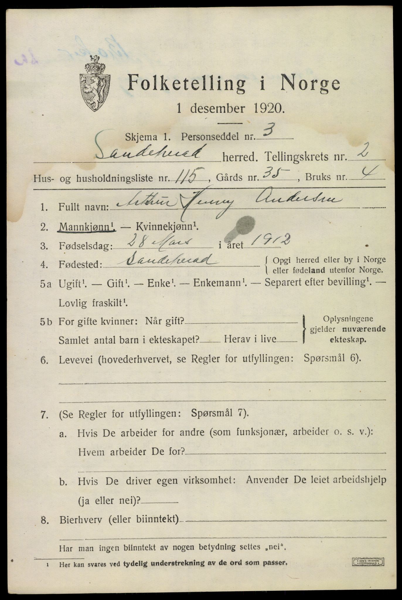 SAKO, 1920 census for Sandeherred, 1920, p. 5210
