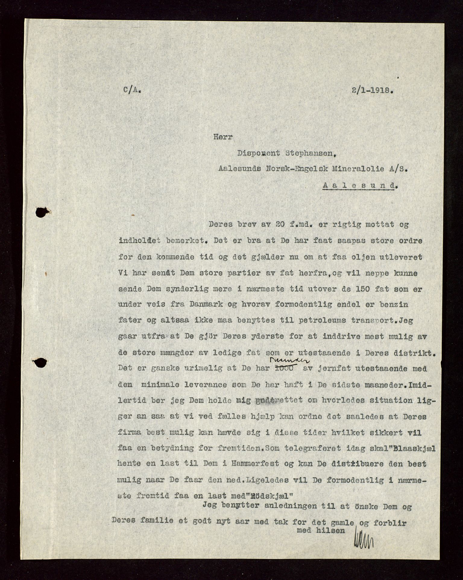 Pa 1521 - A/S Norske Shell, SAST/A-101915/E/Ea/Eaa/L0004: Sjefskorrespondanse, 1918, p. 296