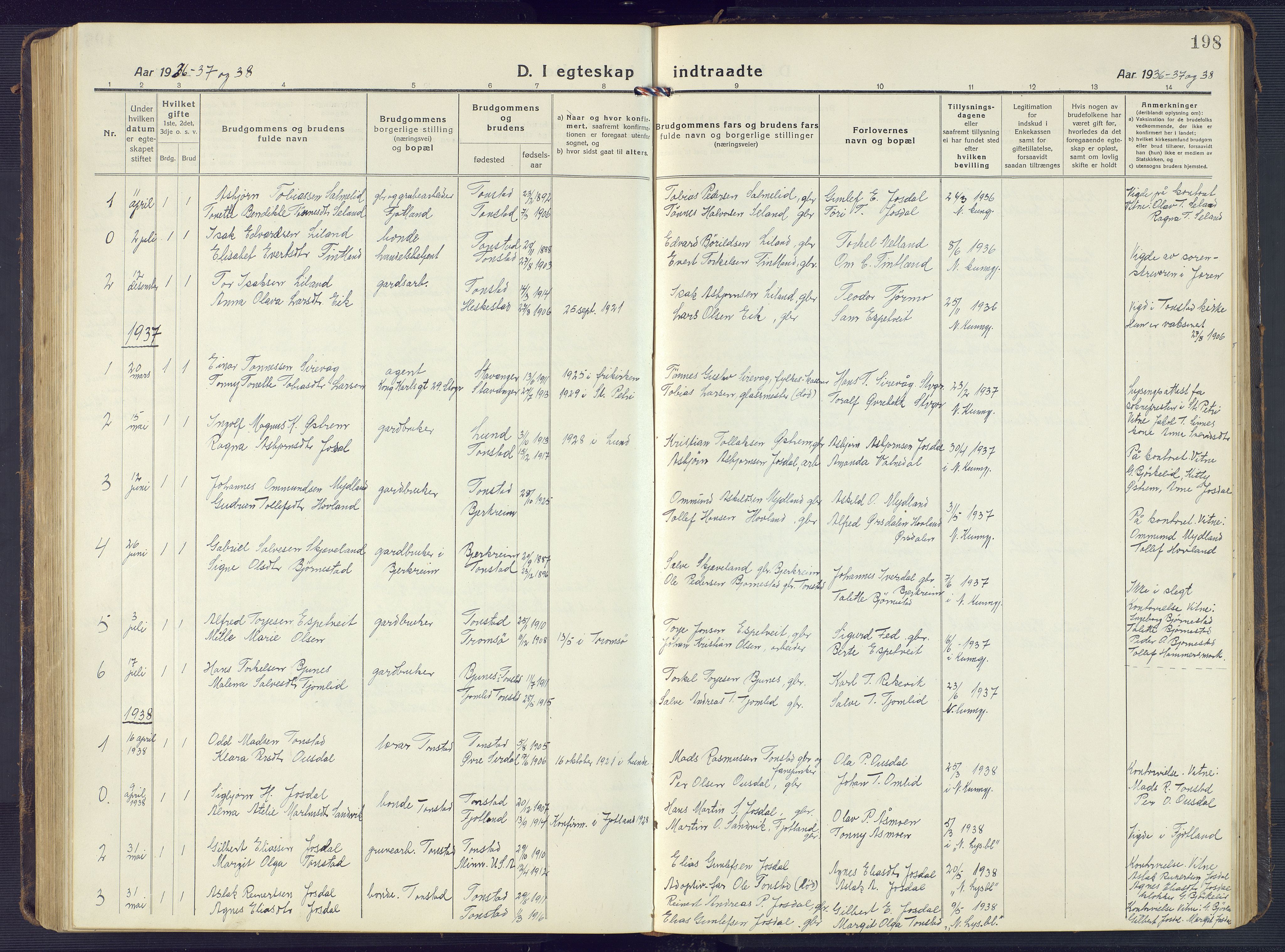 Sirdal sokneprestkontor, SAK/1111-0036/F/Fb/Fbb/L0005: Parish register (copy) no. B 5, 1916-1960, p. 198