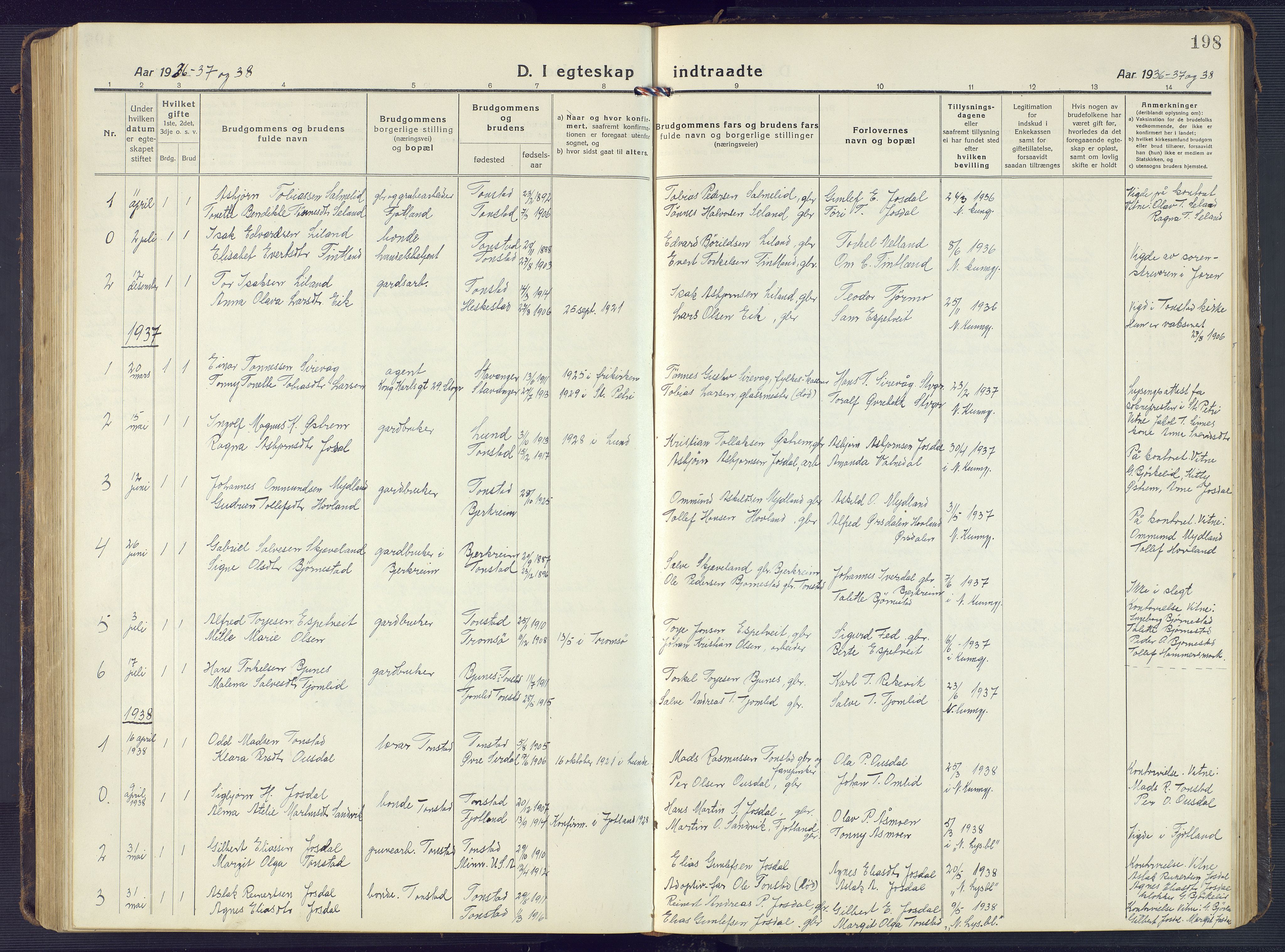 Sirdal sokneprestkontor, AV/SAK-1111-0036/F/Fb/Fbb/L0005: Parish register (copy) no. B 5, 1916-1960, p. 198