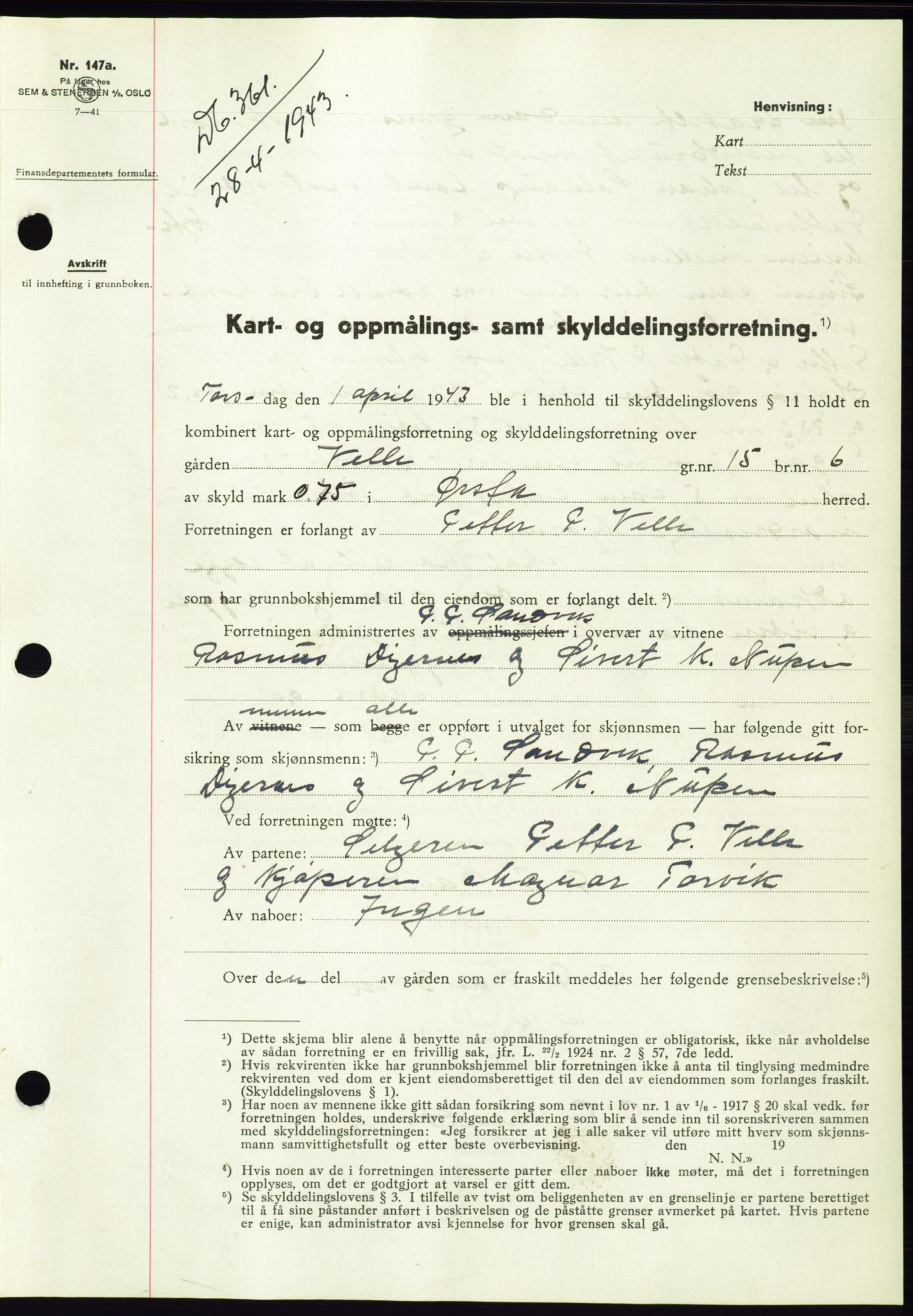 Søre Sunnmøre sorenskriveri, AV/SAT-A-4122/1/2/2C/L0075: Mortgage book no. 1A, 1943-1943, Diary no: : 361/1943