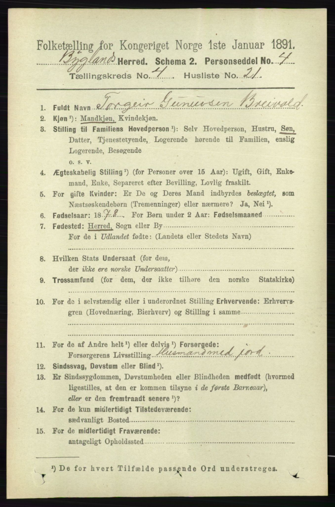 RA, 1891 census for 0938 Bygland, 1891, p. 992