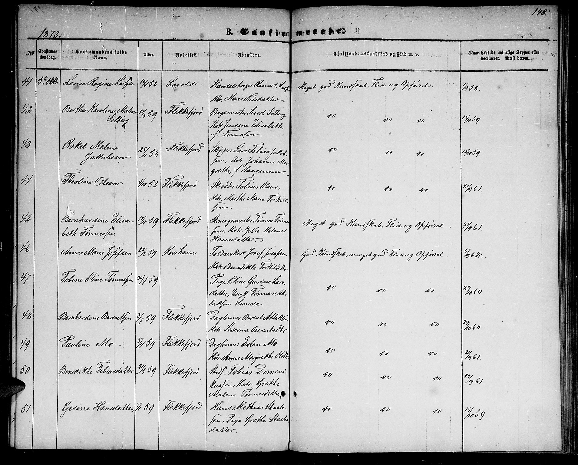 Flekkefjord sokneprestkontor, AV/SAK-1111-0012/F/Fb/Fbc/L0006: Parish register (copy) no. B 6, 1866-1879, p. 148