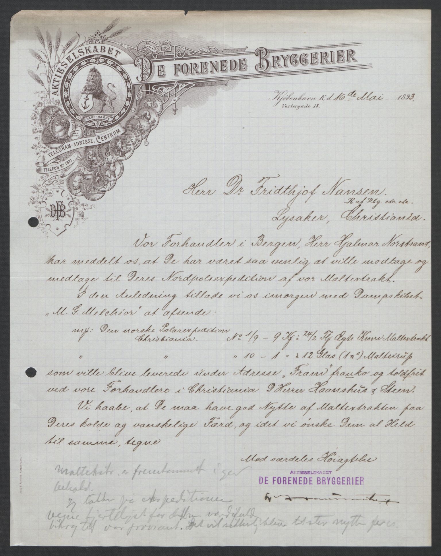 Arbeidskomitéen for Fridtjof Nansens polarekspedisjon, AV/RA-PA-0061/D/L0004: Innk. brev og telegrammer vedr. proviant og utrustning, 1892-1893, p. 648