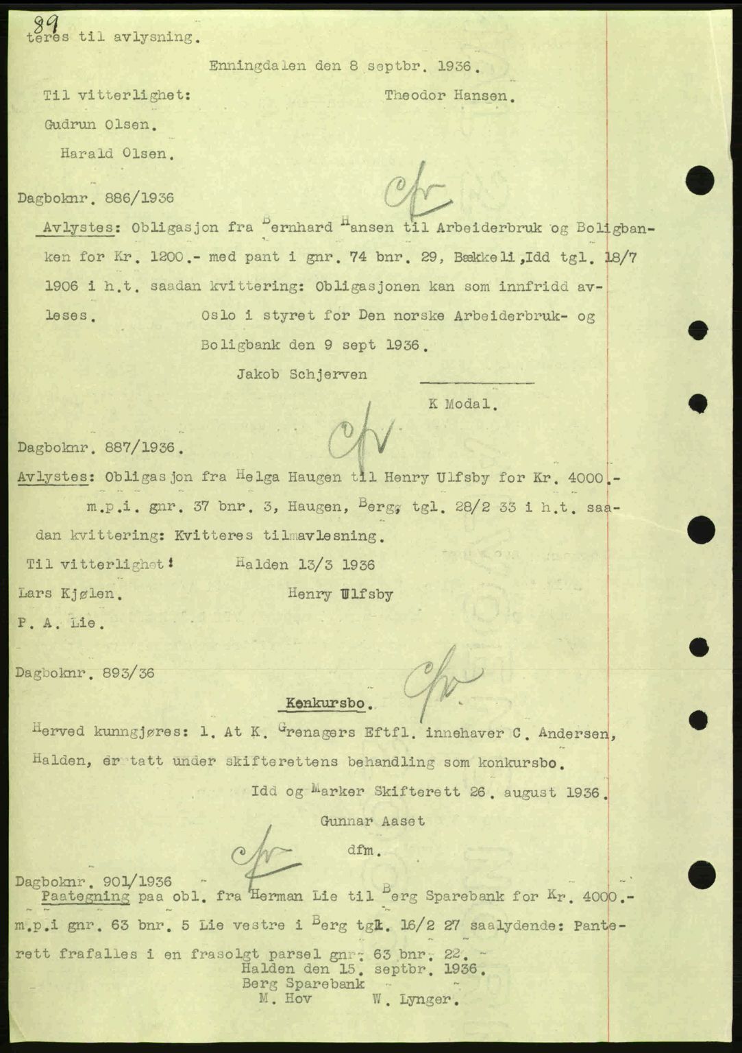 Idd og Marker sorenskriveri, AV/SAO-A-10283/G/Gb/Gbc/L0001: Mortgage book no. B1-3, 1936-1939, Diary no: : 886/1936