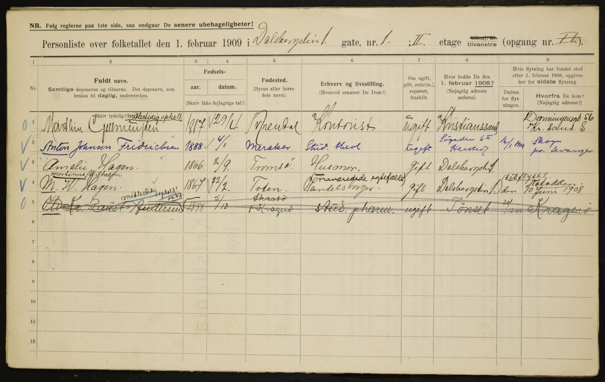 OBA, Municipal Census 1909 for Kristiania, 1909, p. 12745