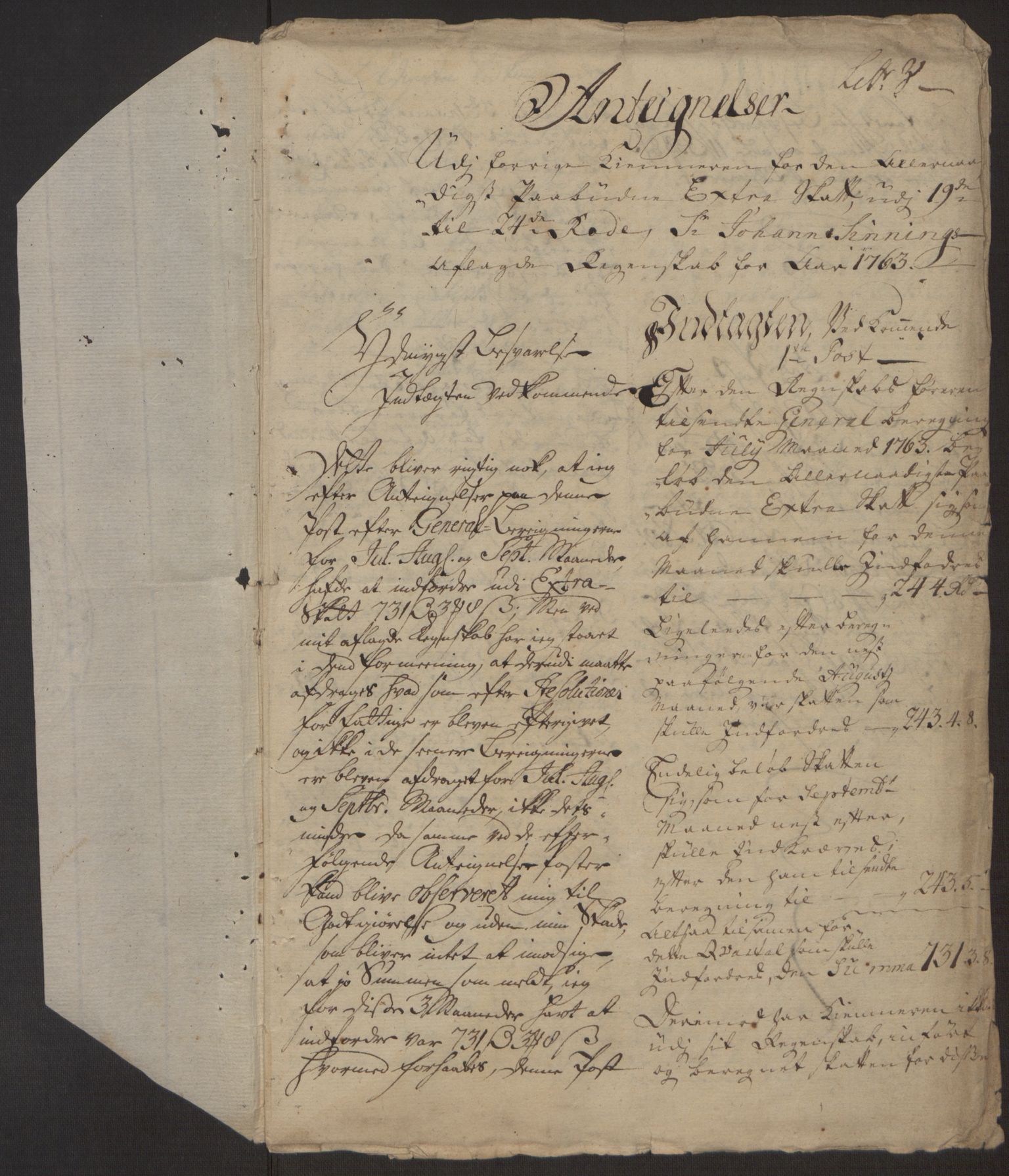 Rentekammeret inntil 1814, Reviderte regnskaper, Byregnskaper, AV/RA-EA-4066/R/Rp/L0366/0001: [P20] Kontribusjonsregnskap / Ekstraskatt, 1763, p. 359