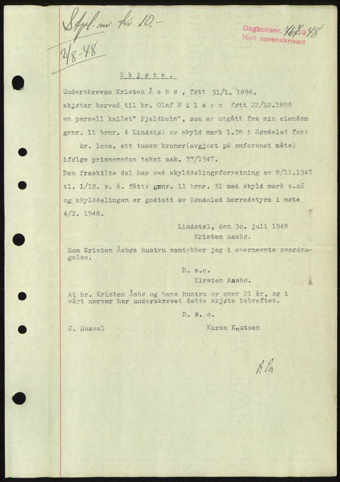 Holt sorenskriveri, AV/SAK-1221-0002/G/Gba/L0059: Mortgage book no. A7, 1948-1948, Diary no: : 767/1948