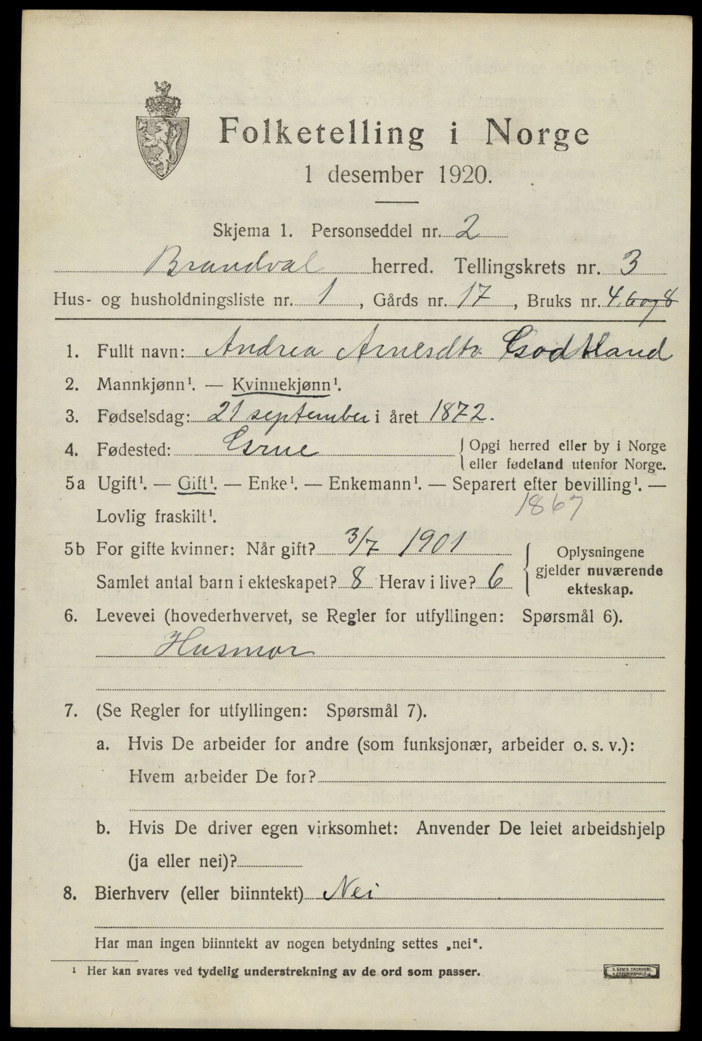 SAH, 1920 census for Brandval, 1920, p. 3010