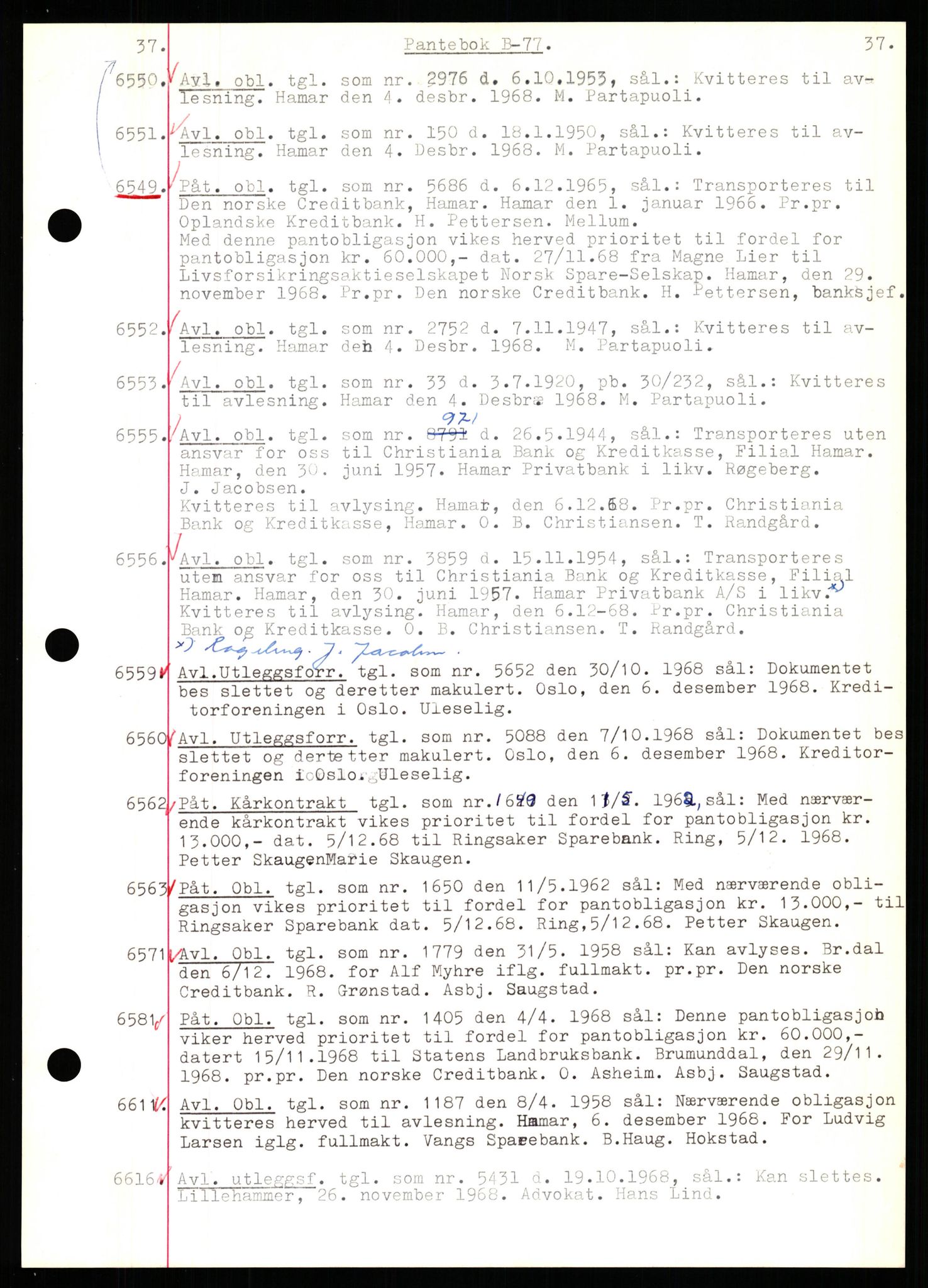 Nord-Hedmark sorenskriveri, SAH/TING-012/H/Hb/Hbf/L0077: Mortgage book no. B77, 1968-1969, Diary no: : 6550/1968