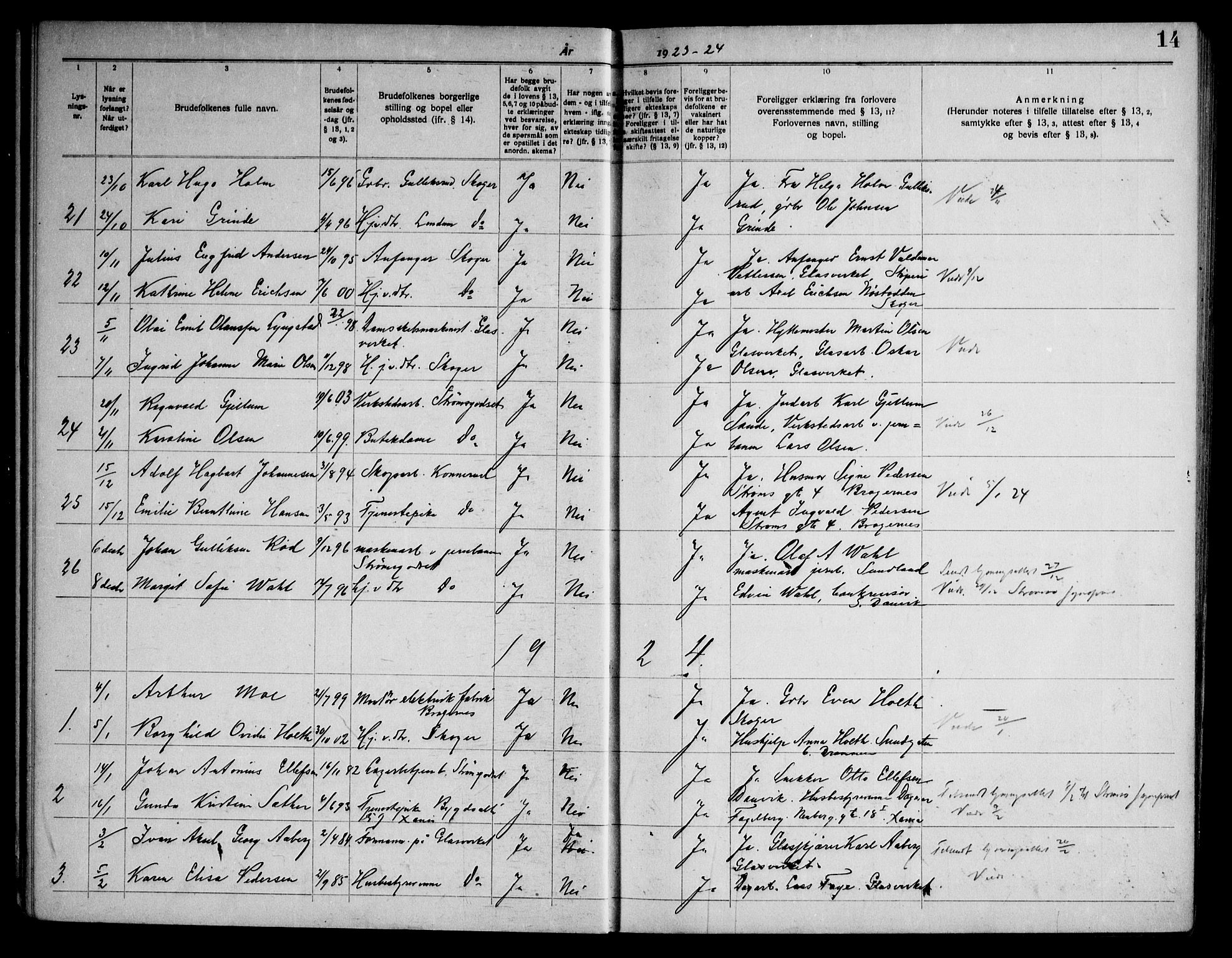 Skoger kirkebøker, AV/SAKO-A-59/H/Ha/L0001: Banns register no. I 1, 1920-1952, p. 14