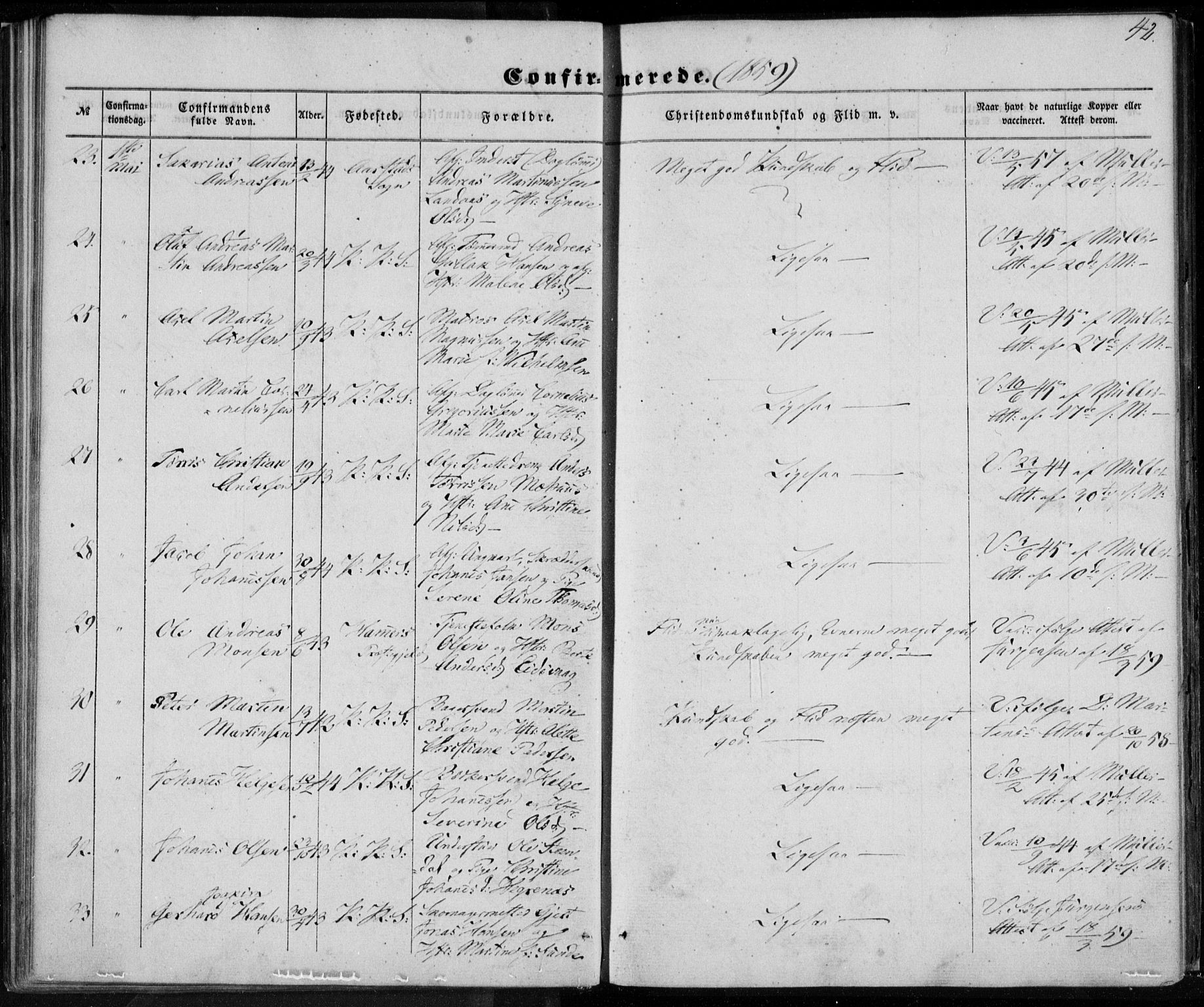 Korskirken sokneprestembete, SAB/A-76101/H/Haa/L0027: Parish register (official) no. C 3, 1854-1868, p. 42