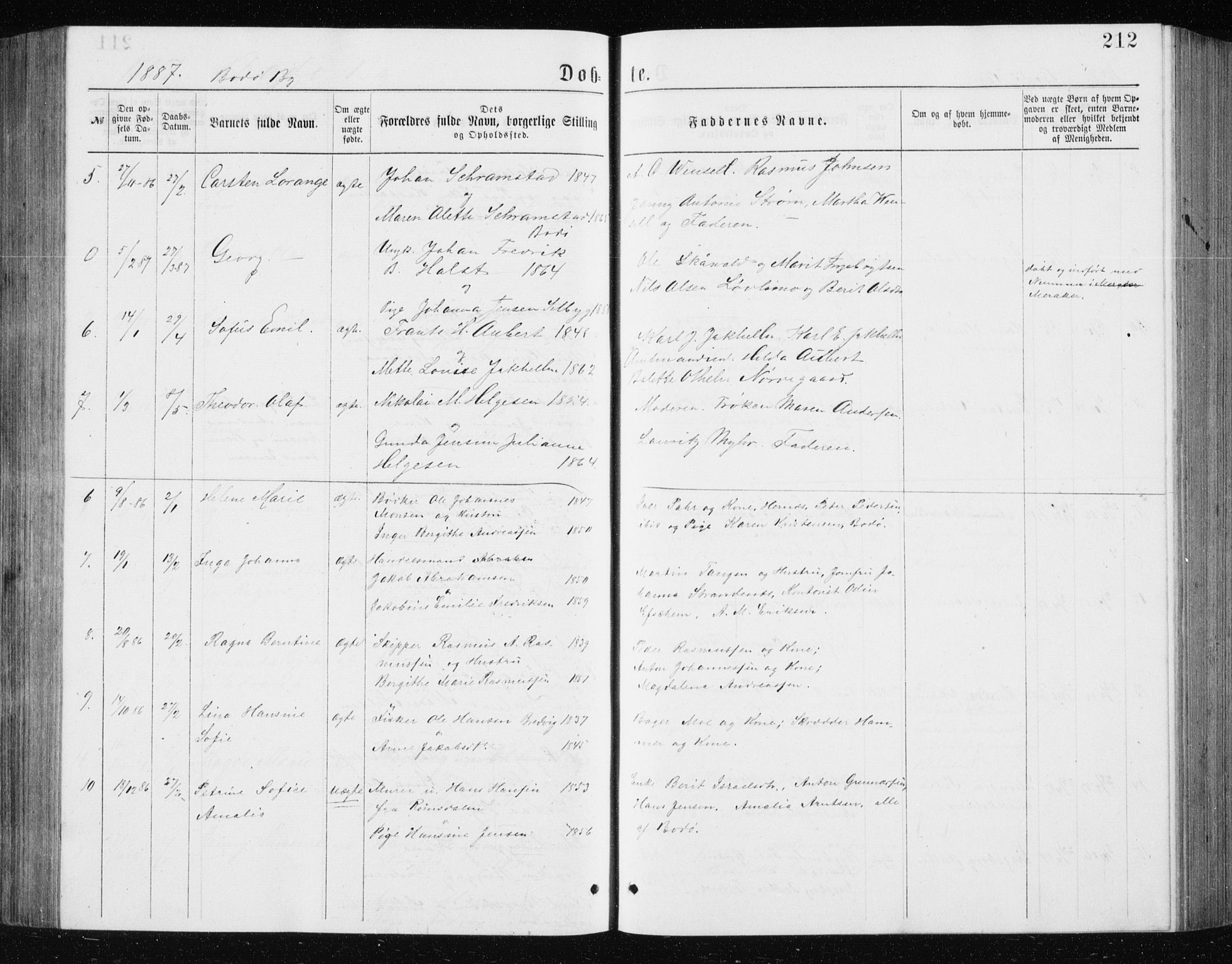 Ministerialprotokoller, klokkerbøker og fødselsregistre - Nordland, AV/SAT-A-1459/801/L0031: Parish register (copy) no. 801C06, 1883-1887, p. 212