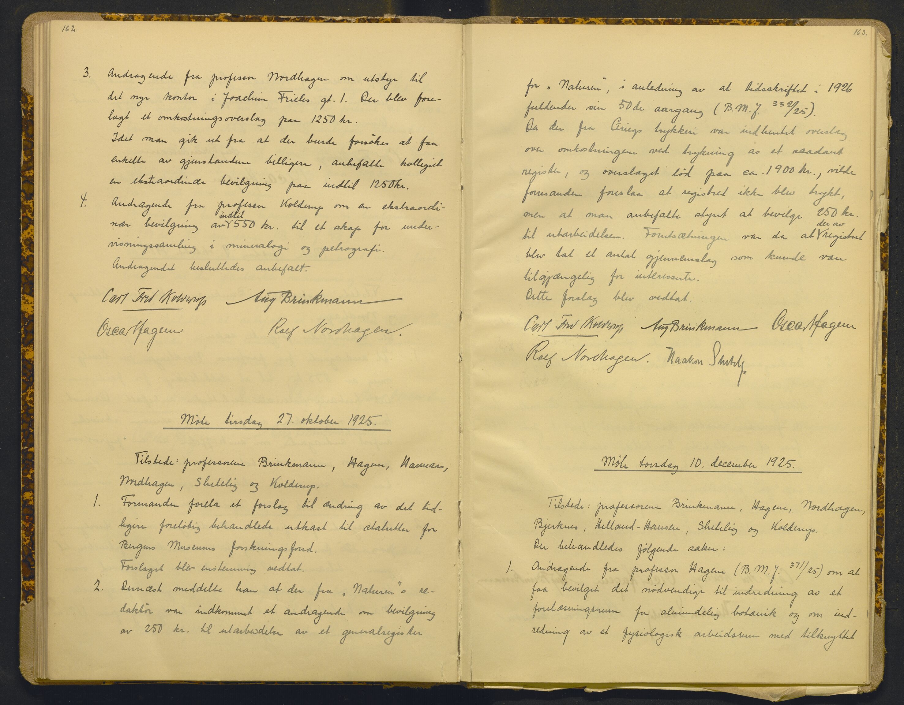 Bergens Museum, AV/SAB-A-17301/18/A/L0001: Bestyrerkollegiets forhandlingsprotokoll med register , 1907-1927, p. 162-163