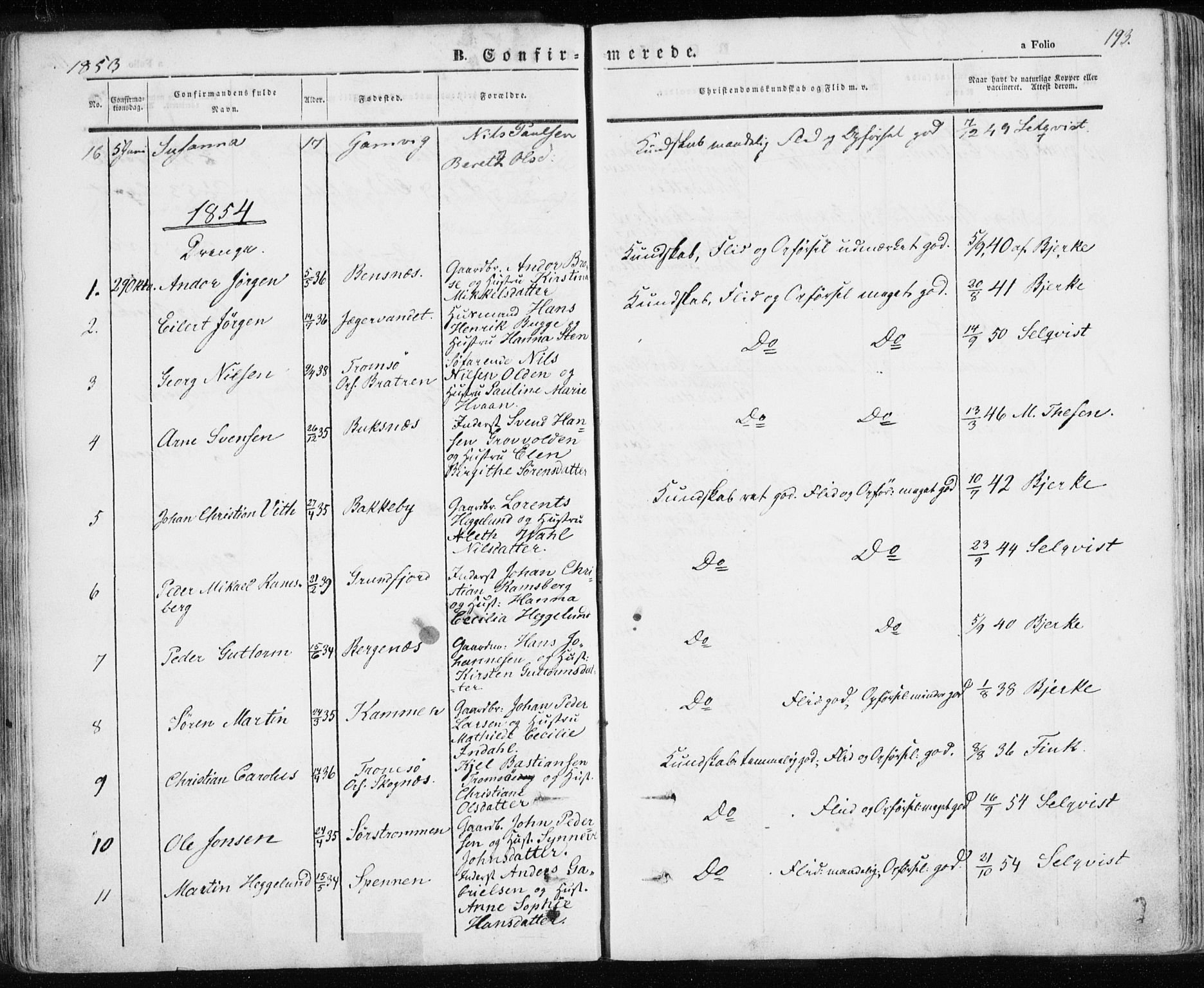 Karlsøy sokneprestembete, SATØ/S-1299/H/Ha/Haa/L0003kirke: Parish register (official) no. 3, 1843-1860, p. 193