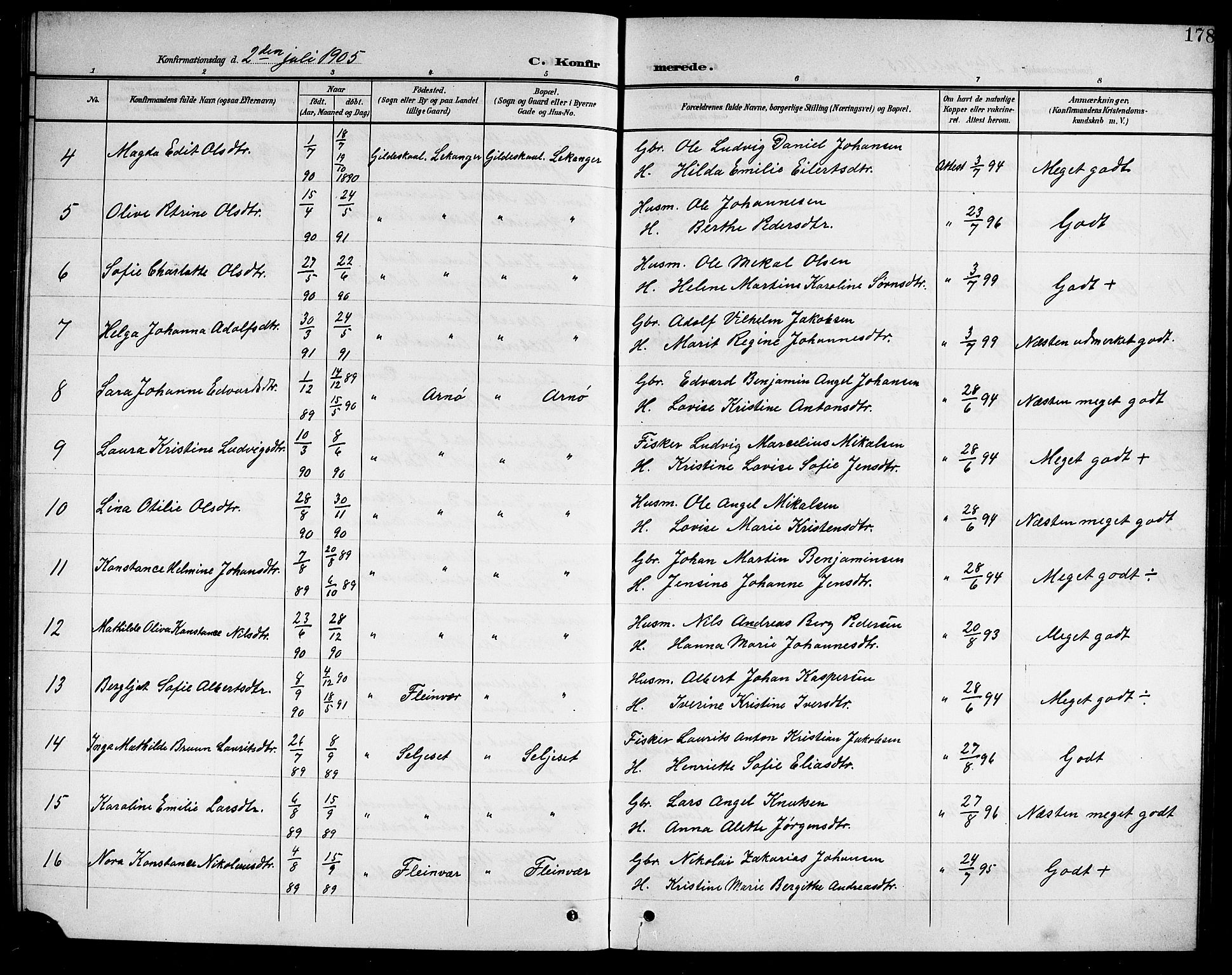 Ministerialprotokoller, klokkerbøker og fødselsregistre - Nordland, AV/SAT-A-1459/805/L0109: Parish register (copy) no. 805C05, 1900-1911, p. 178