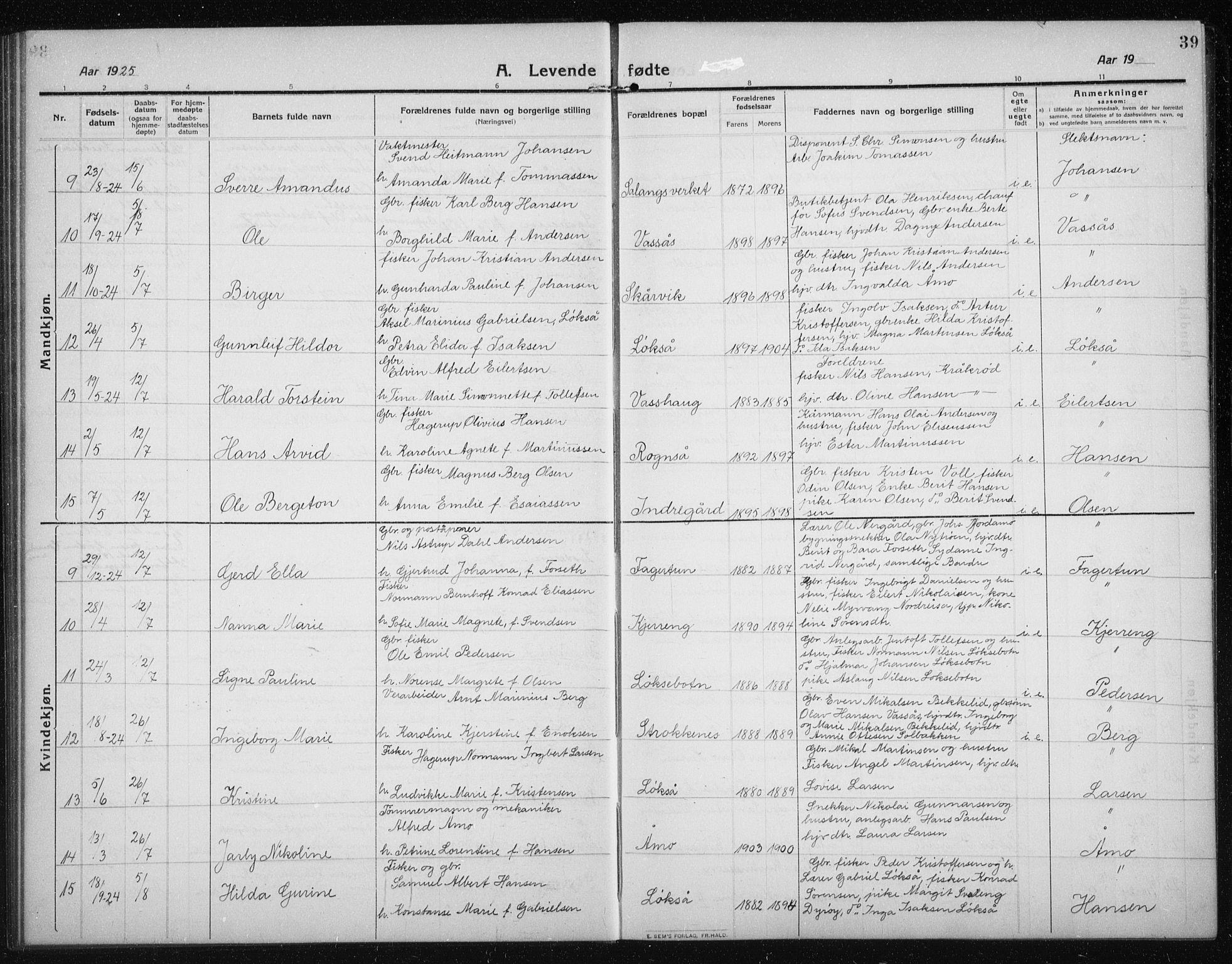 Salangen sokneprestembete, AV/SATØ-S-1324/H/Hb/L0005klokker: Parish register (copy) no. 5, 1918-1937, p. 39