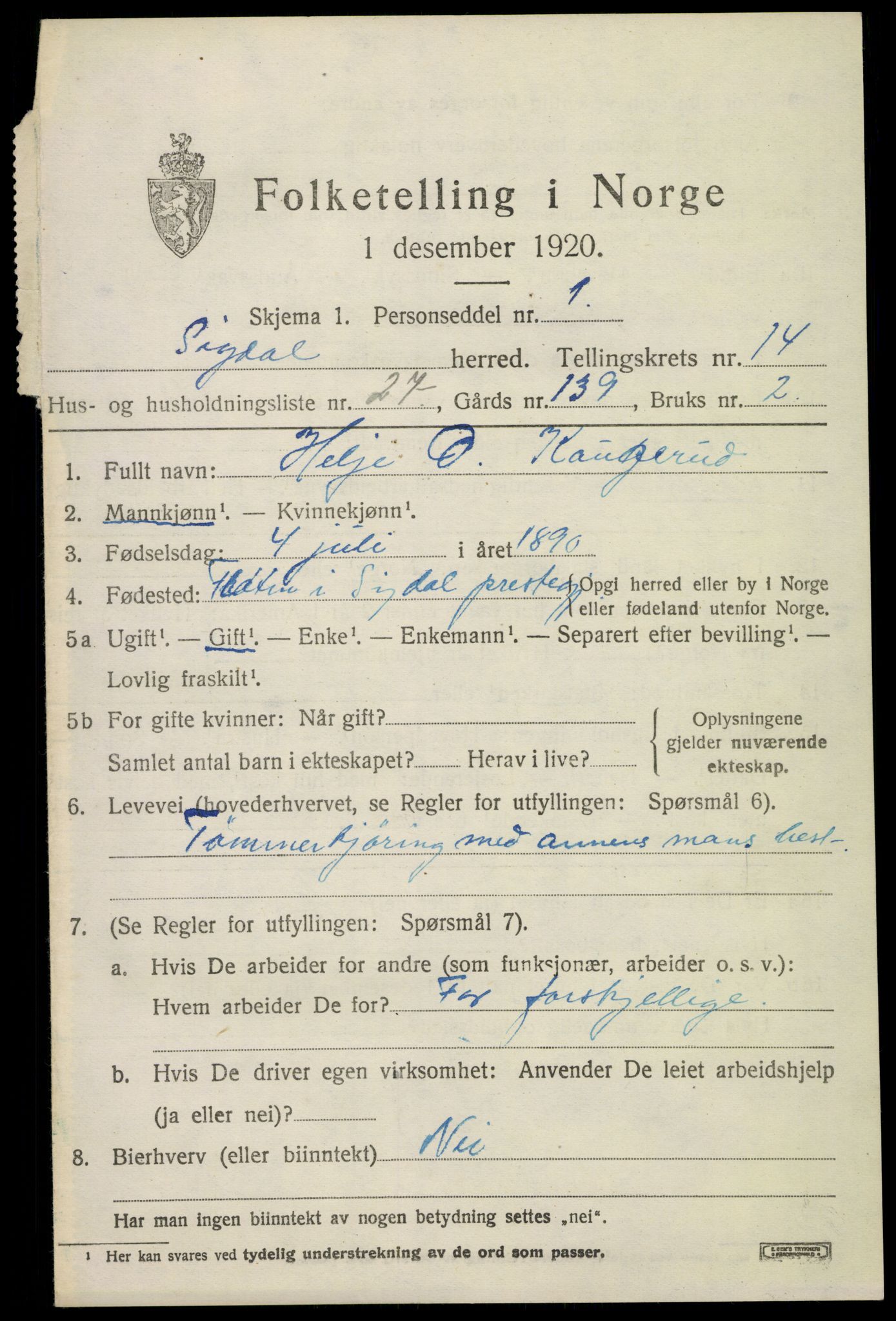 SAKO, 1920 census for Sigdal, 1920, p. 8900