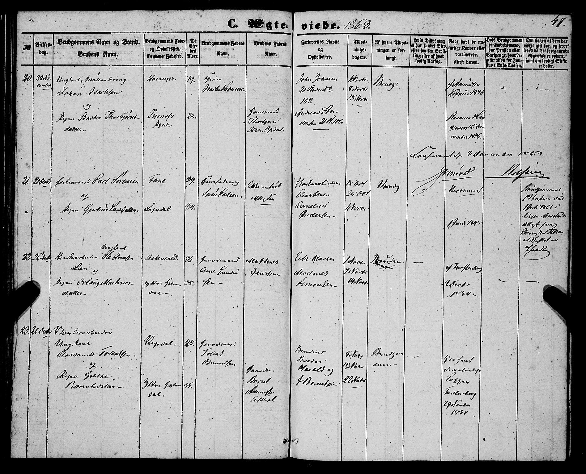 St. Jørgens hospital og Årstad sokneprestembete, SAB/A-99934: Parish register (official) no. A 9, 1853-1878, p. 47
