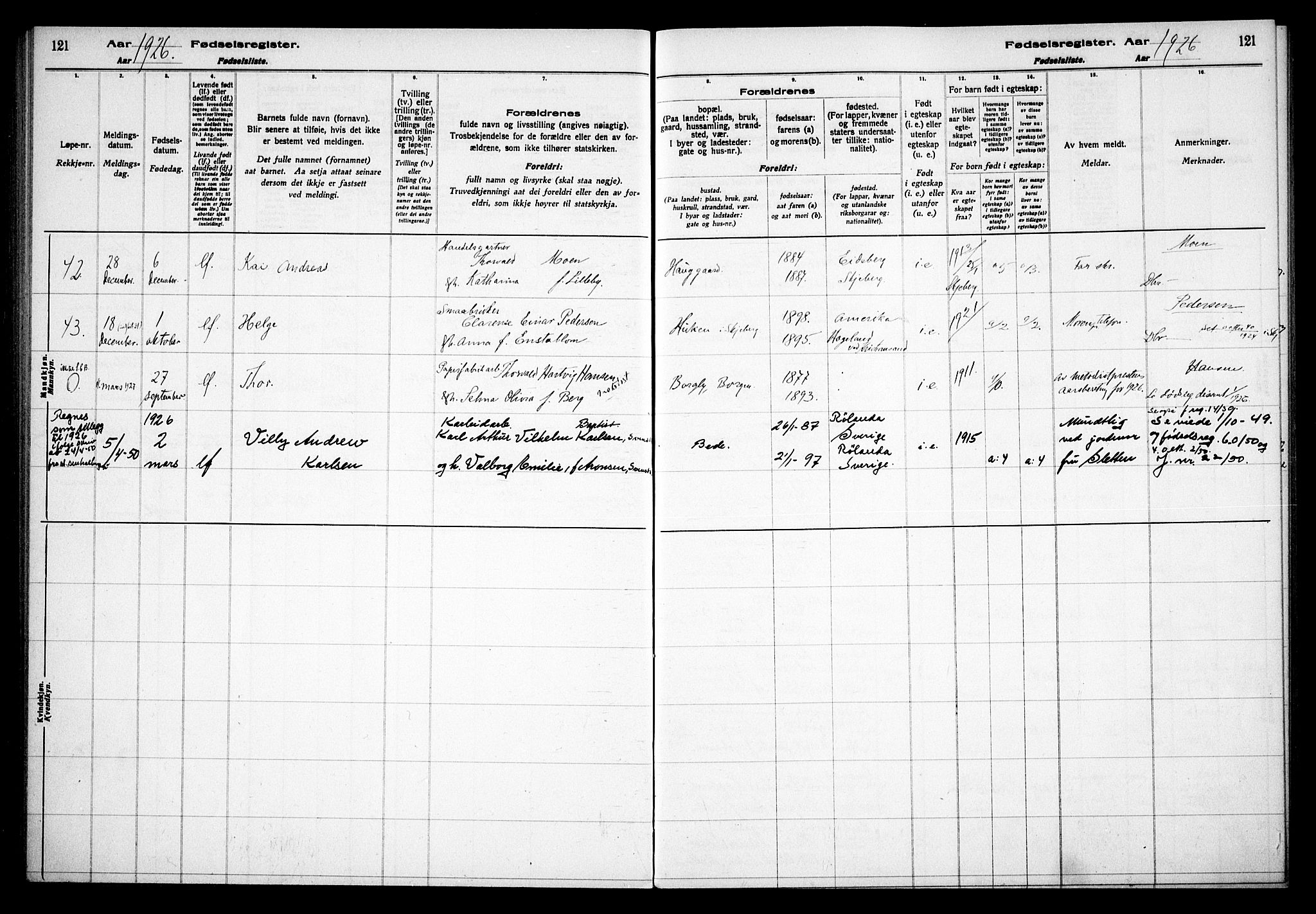 Skjeberg prestekontor Kirkebøker, SAO/A-10923/J/Jd/L0001: Birth register no. IV 1, 1916-1935, p. 121