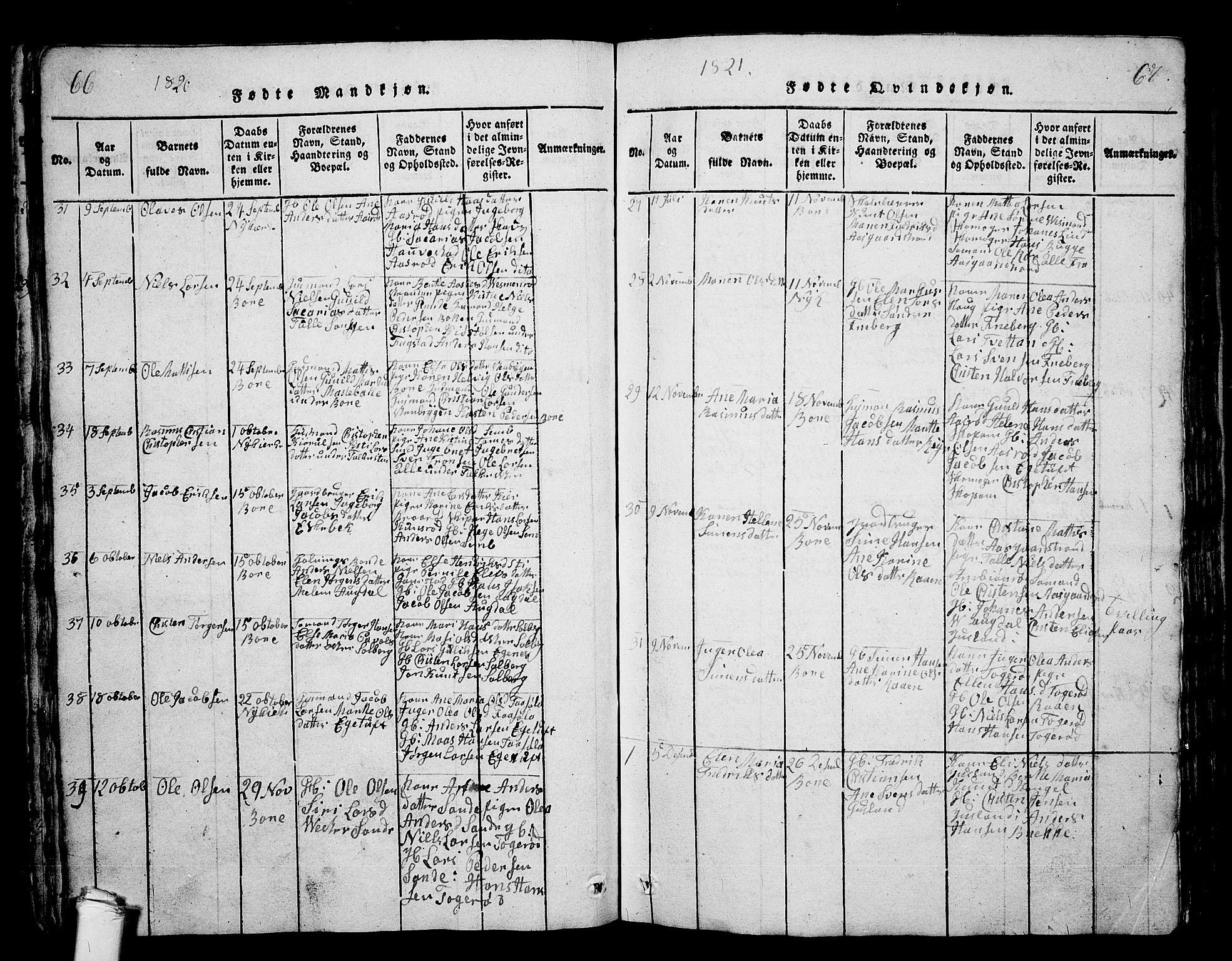 Borre kirkebøker, AV/SAKO-A-338/G/Ga/L0001: Parish register (copy) no. I 1, 1815-1851, p. 66-67