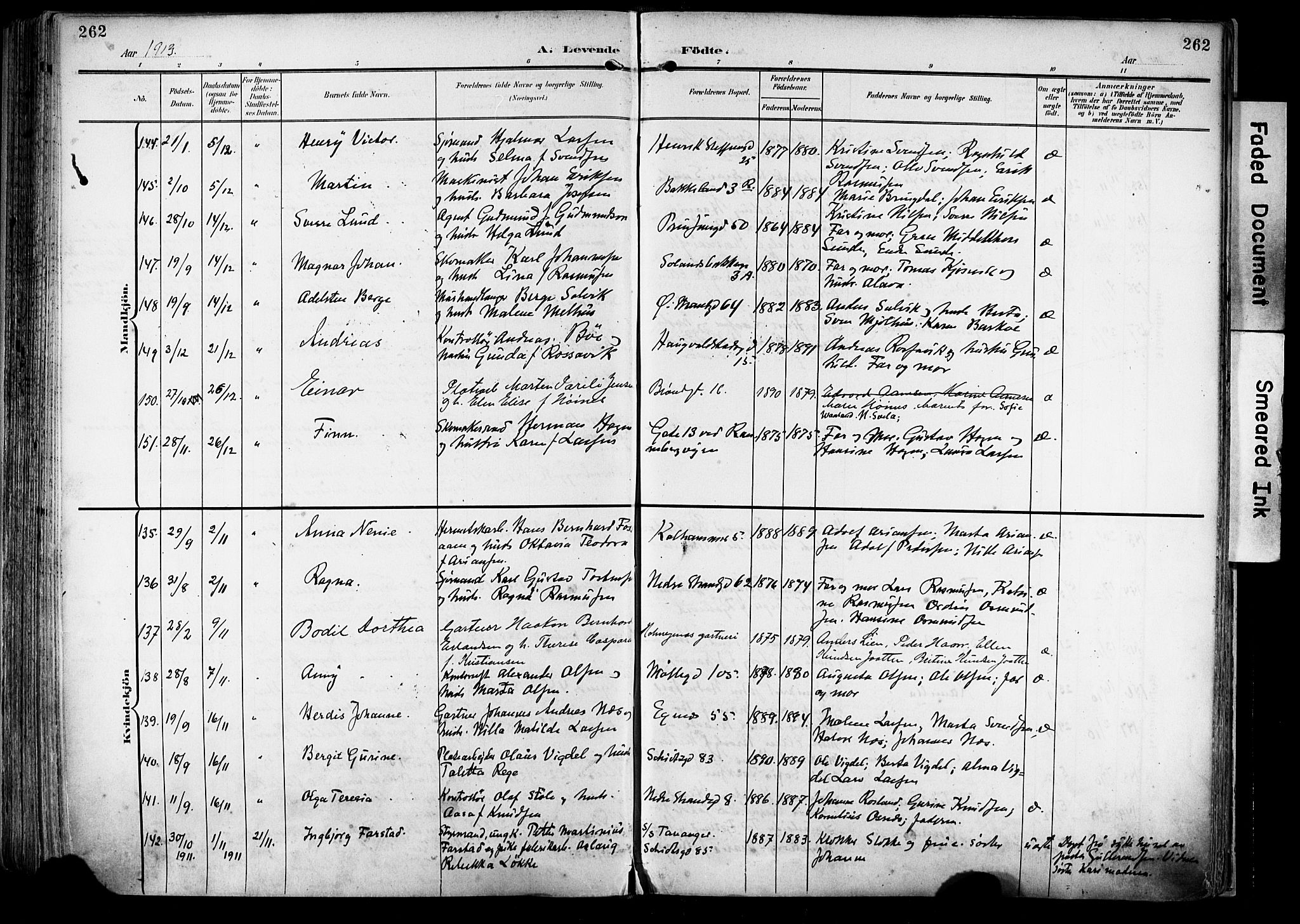 Domkirken sokneprestkontor, AV/SAST-A-101812/001/30/30BA/L0033: Parish register (official) no. A 32, 1903-1915, p. 262