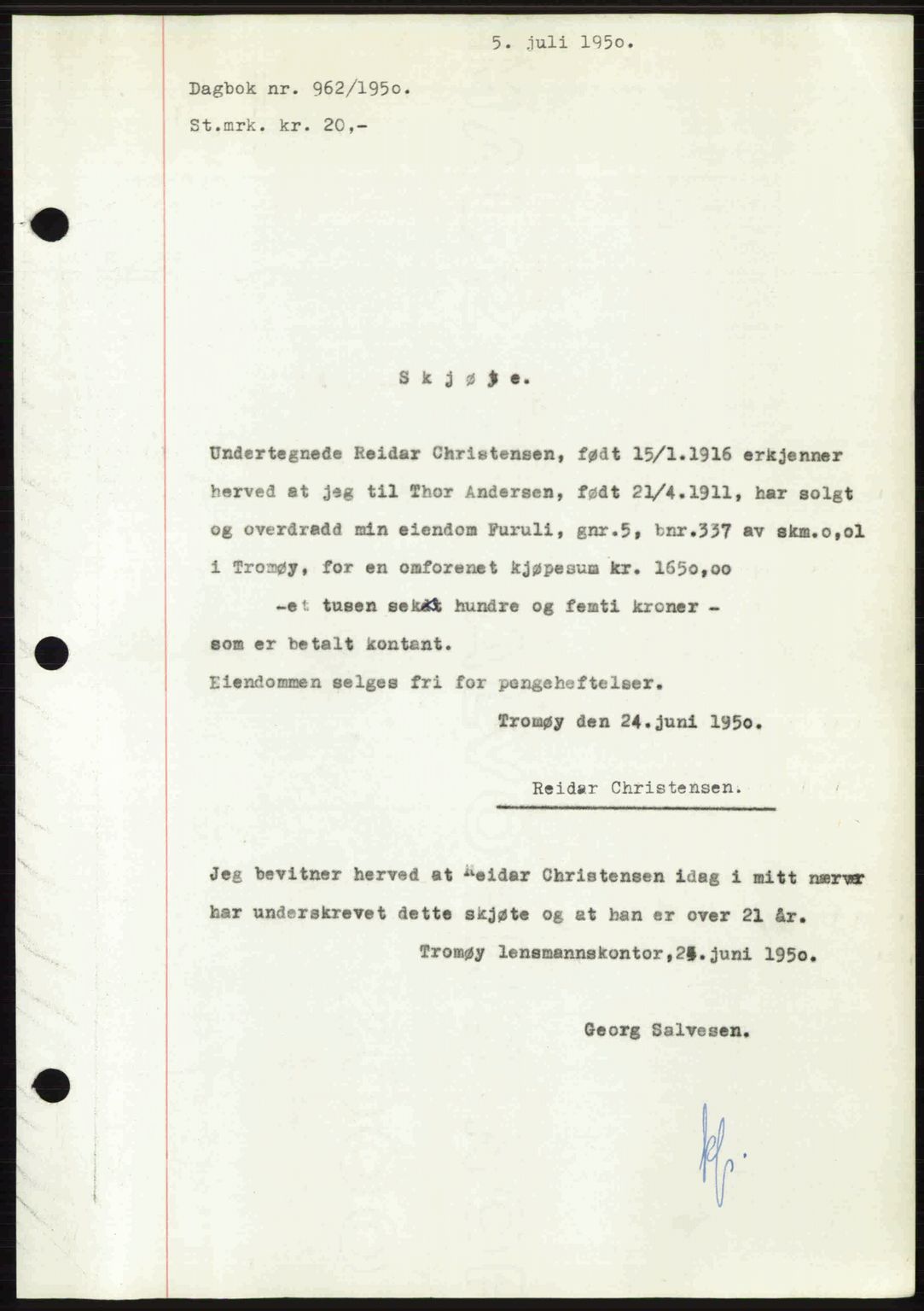 Nedenes sorenskriveri, SAK/1221-0006/G/Gb/Gba/L0062: Mortgage book no. A14, 1949-1950, Diary no: : 962/1950