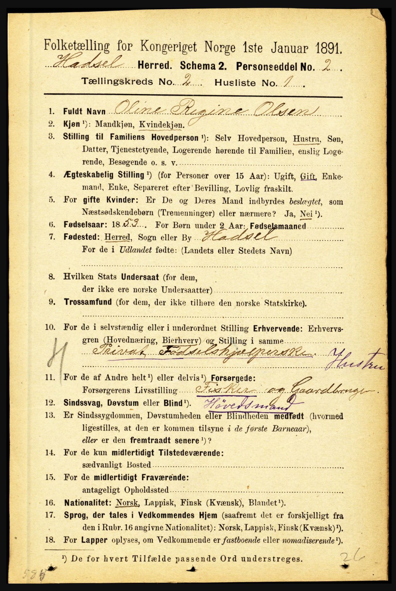 RA, 1891 census for 1866 Hadsel, 1891, p. 656