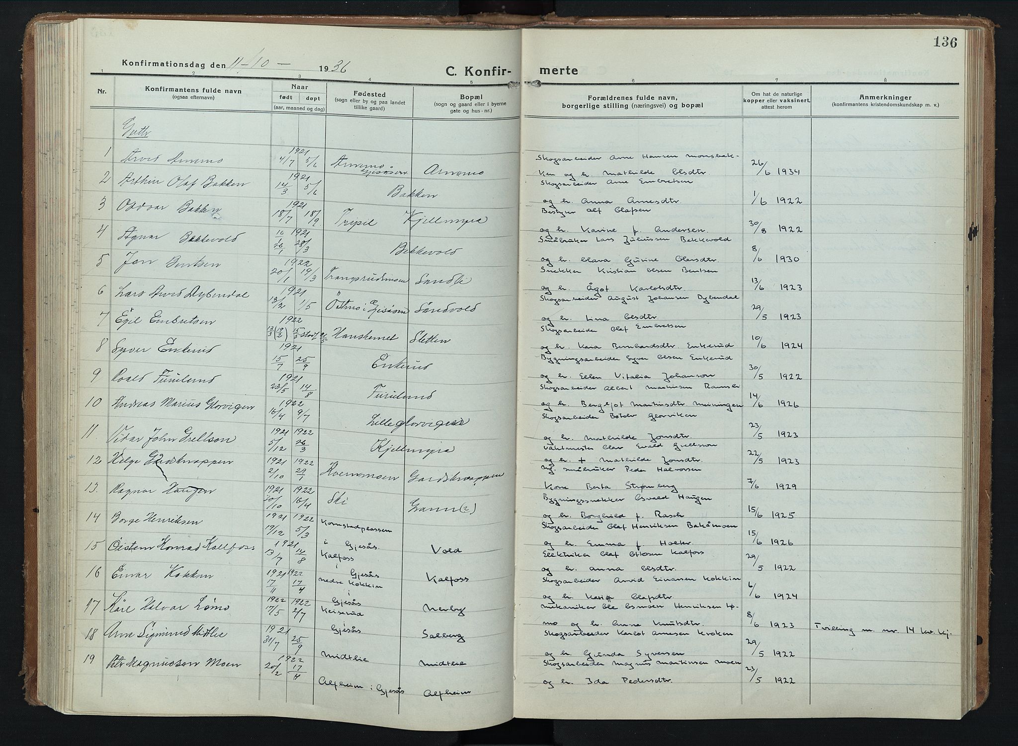 Åsnes prestekontor, AV/SAH-PREST-042/H/Ha/Hab/L0012: Parish register (copy) no. 12, 1921-1942, p. 136