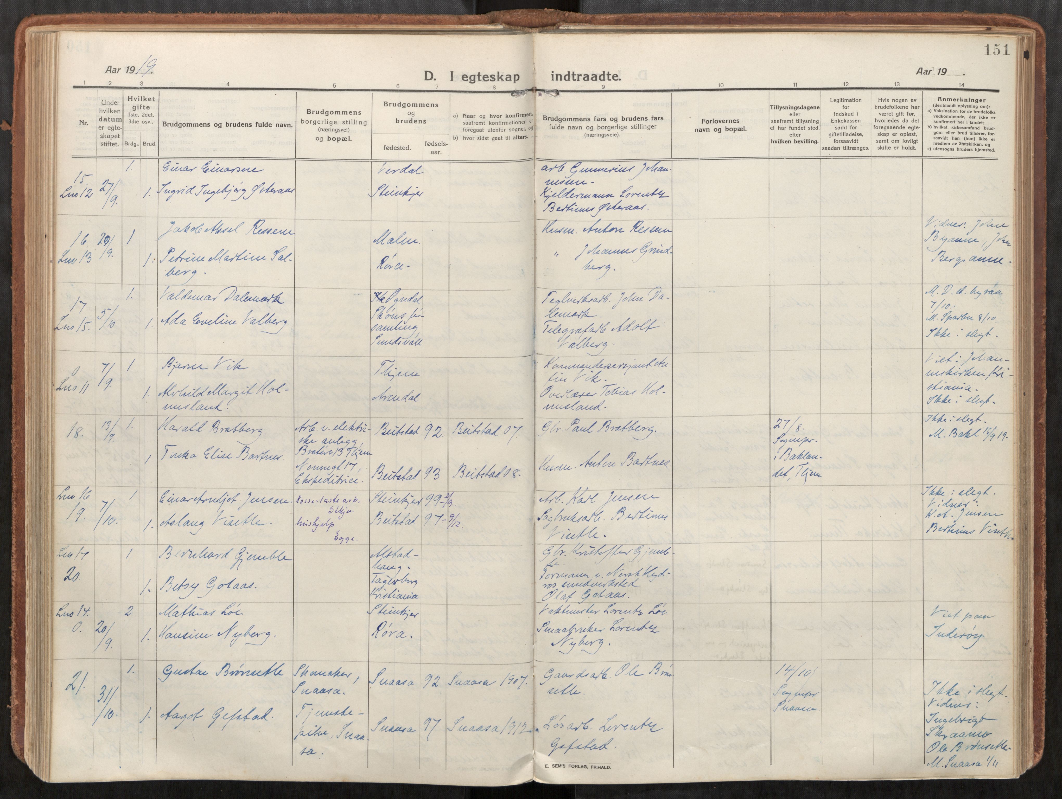 Steinkjer sokneprestkontor, AV/SAT-A-1541/01/H/Ha/Haa/L0003: Parish register (official) no. 3, 1913-1922, p. 151