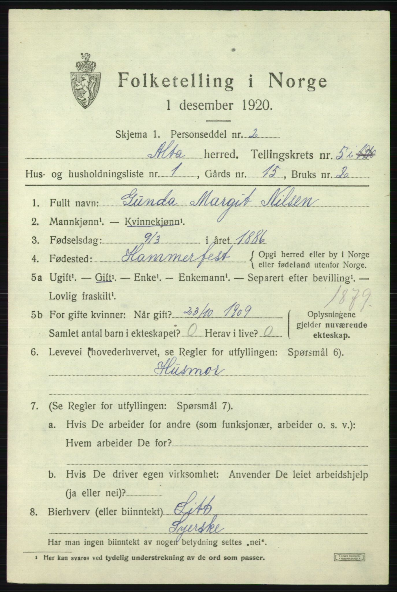 SATØ, 1920 census for Alta, 1920, p. 3449