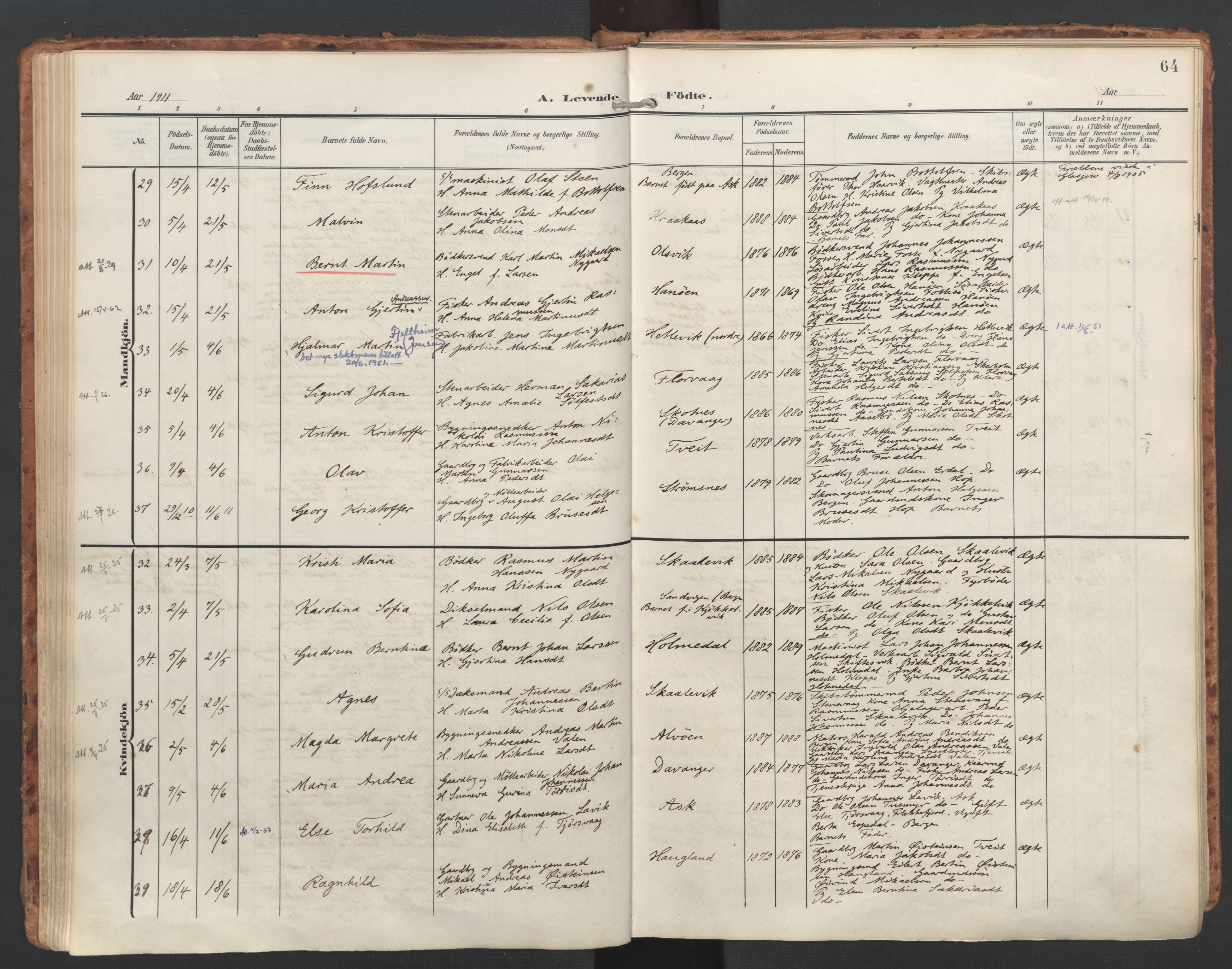 Askøy Sokneprestembete, AV/SAB-A-74101/H/Ha/Haa/Haac/L0002: Parish register (official) no. C 2, 1905-1922, p. 64