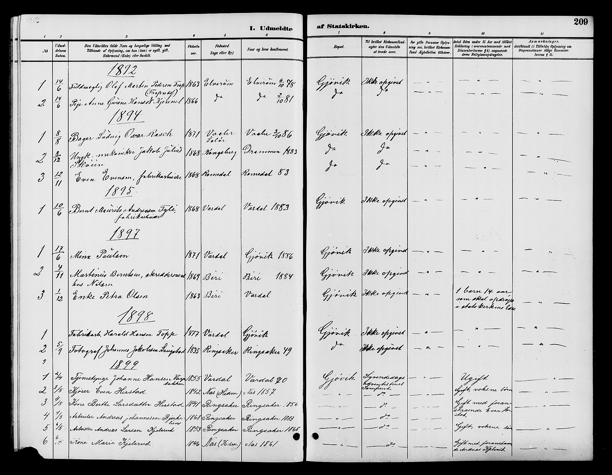 Vardal prestekontor, SAH/PREST-100/H/Ha/Hab/L0009: Parish register (copy) no. 9, 1894-1902, p. 209
