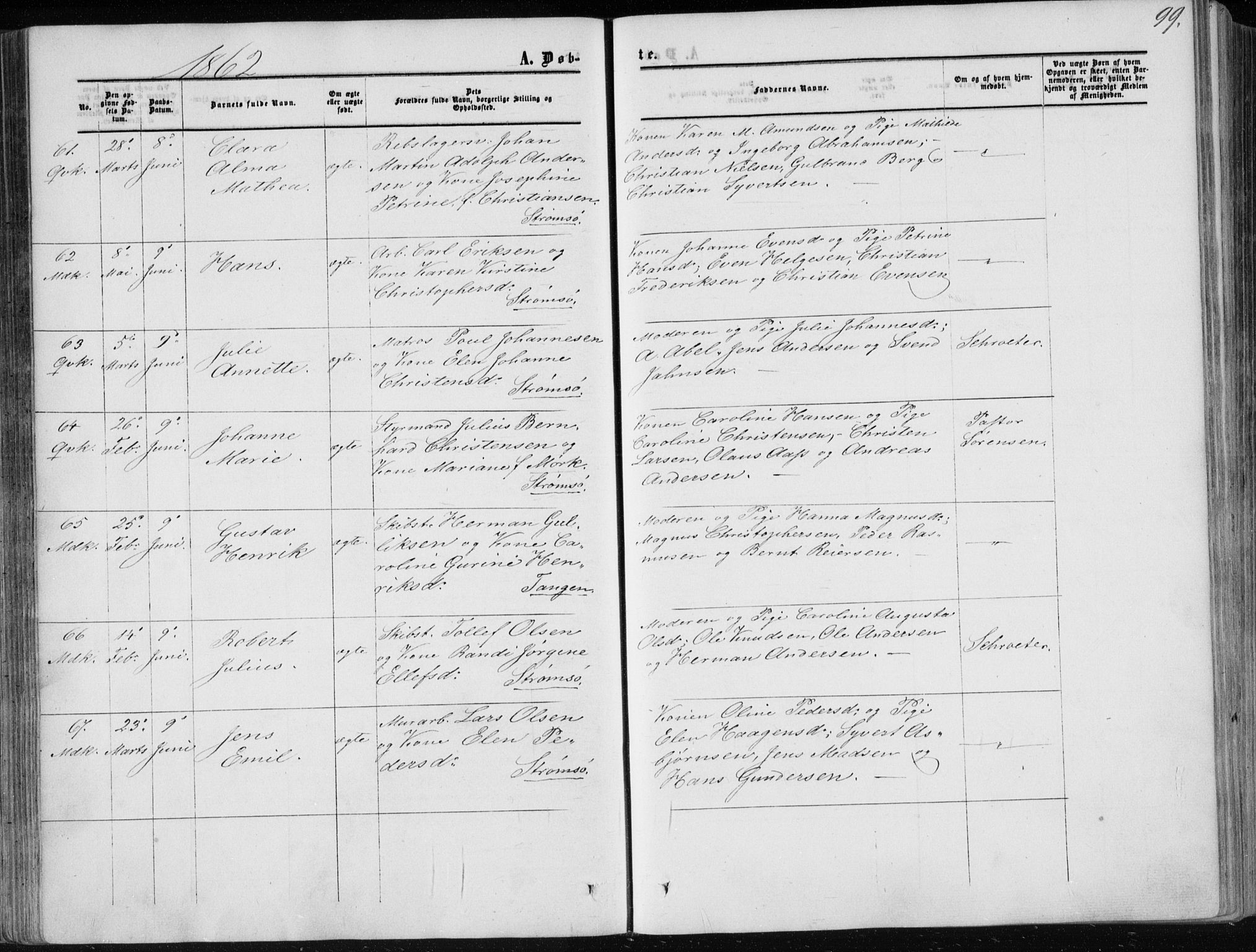 Strømsø kirkebøker, AV/SAKO-A-246/F/Fa/L0015: Parish register (official) no. I 15, 1859-1868, p. 99