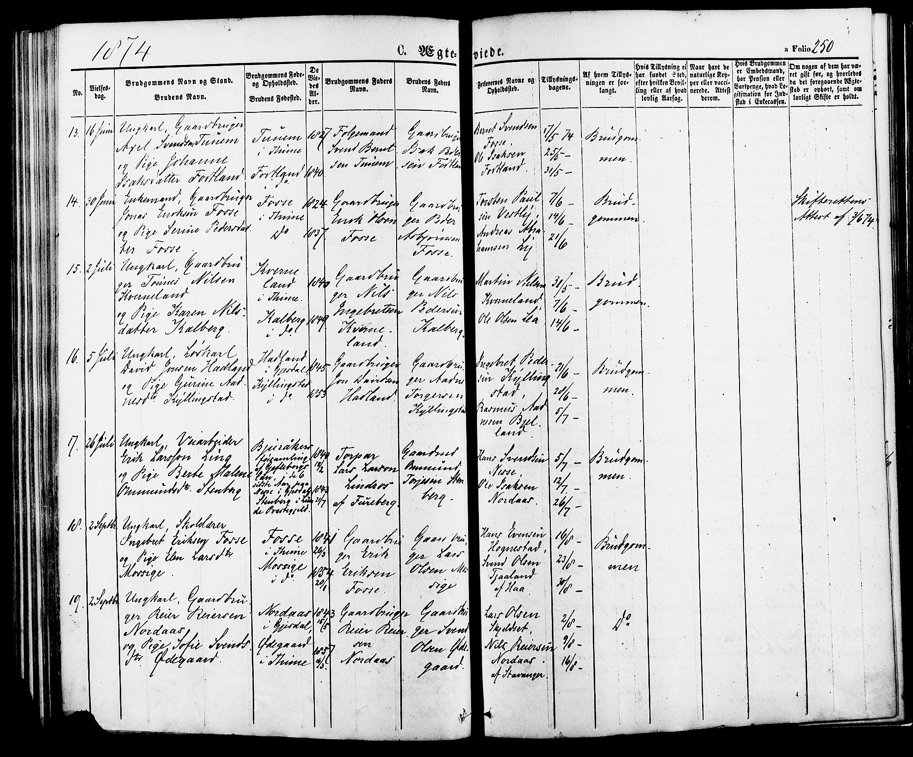 Lye sokneprestkontor, SAST/A-101794/001/30BA/L0008: Parish register (official) no. A 7, 1872-1881, p. 250