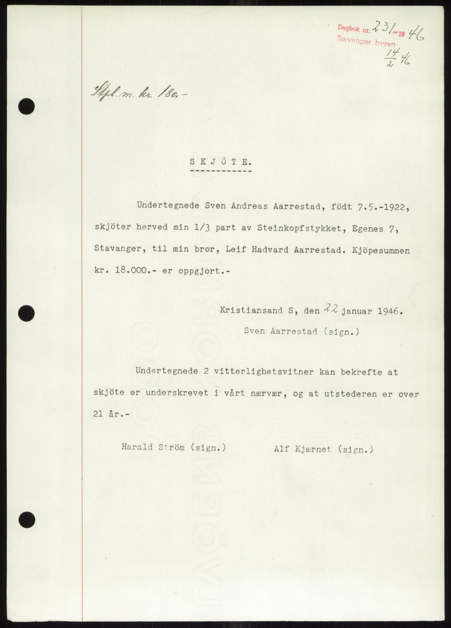 Stavanger byrett, SAST/A-100455/002/G/Gb/L0033: Mortgage book, 1936-1950, Diary no: : 231/1946