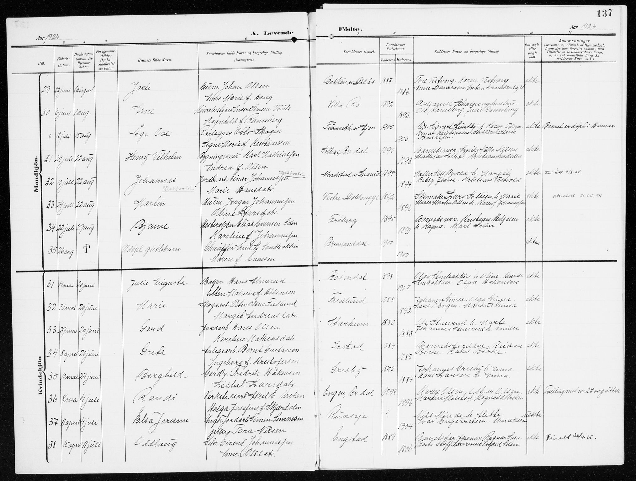 Furnes prestekontor, SAH/PREST-012/K/Ka/L0001: Parish register (official) no. 1, 1907-1935, p. 137