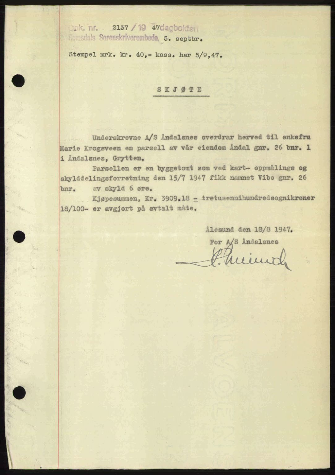 Romsdal sorenskriveri, SAT/A-4149/1/2/2C: Mortgage book no. A24, 1947-1947, Diary no: : 2137/1947
