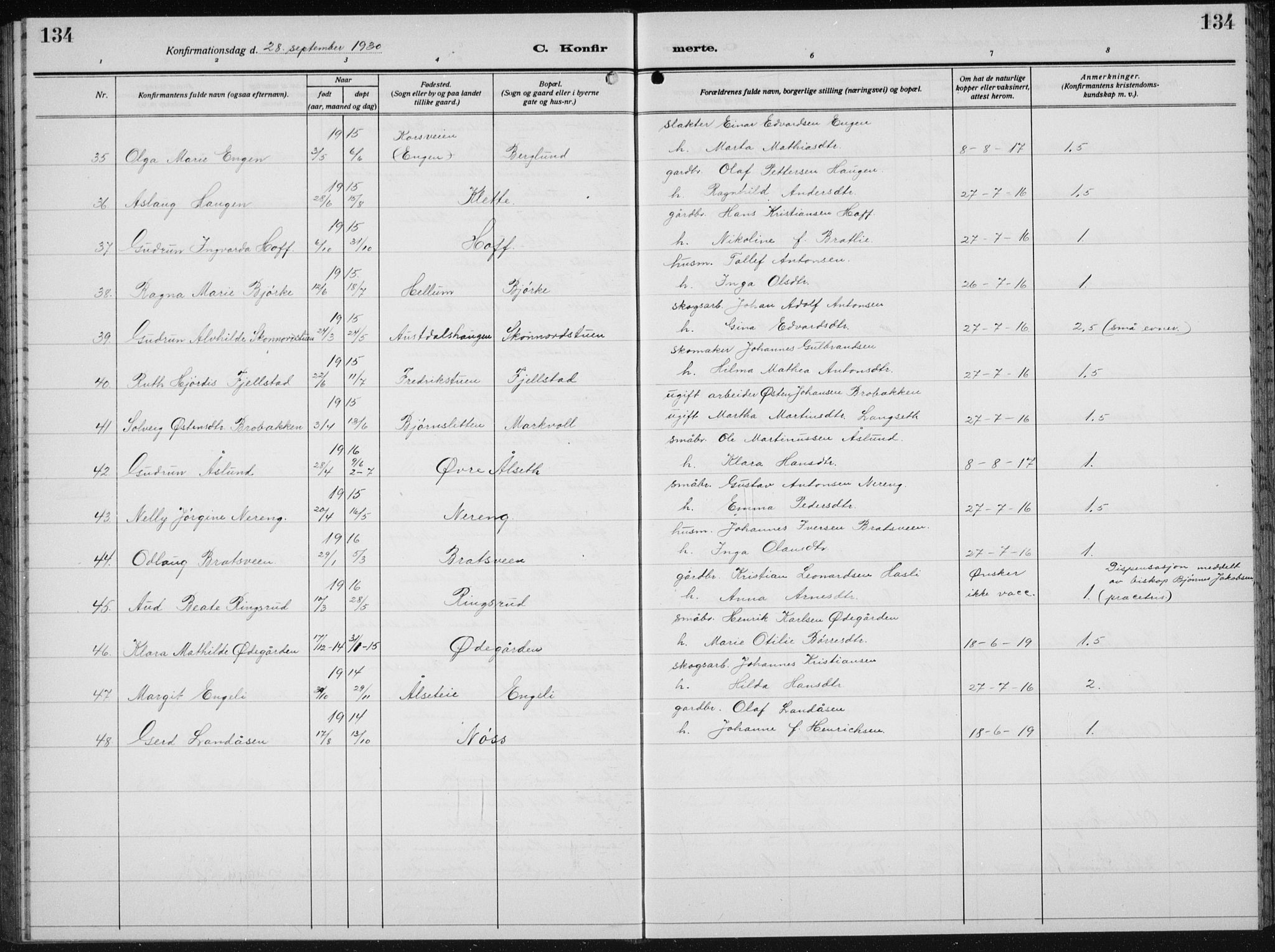 Biri prestekontor, AV/SAH-PREST-096/H/Ha/Hab/L0007: Parish register (copy) no. 7, 1919-1941, p. 134