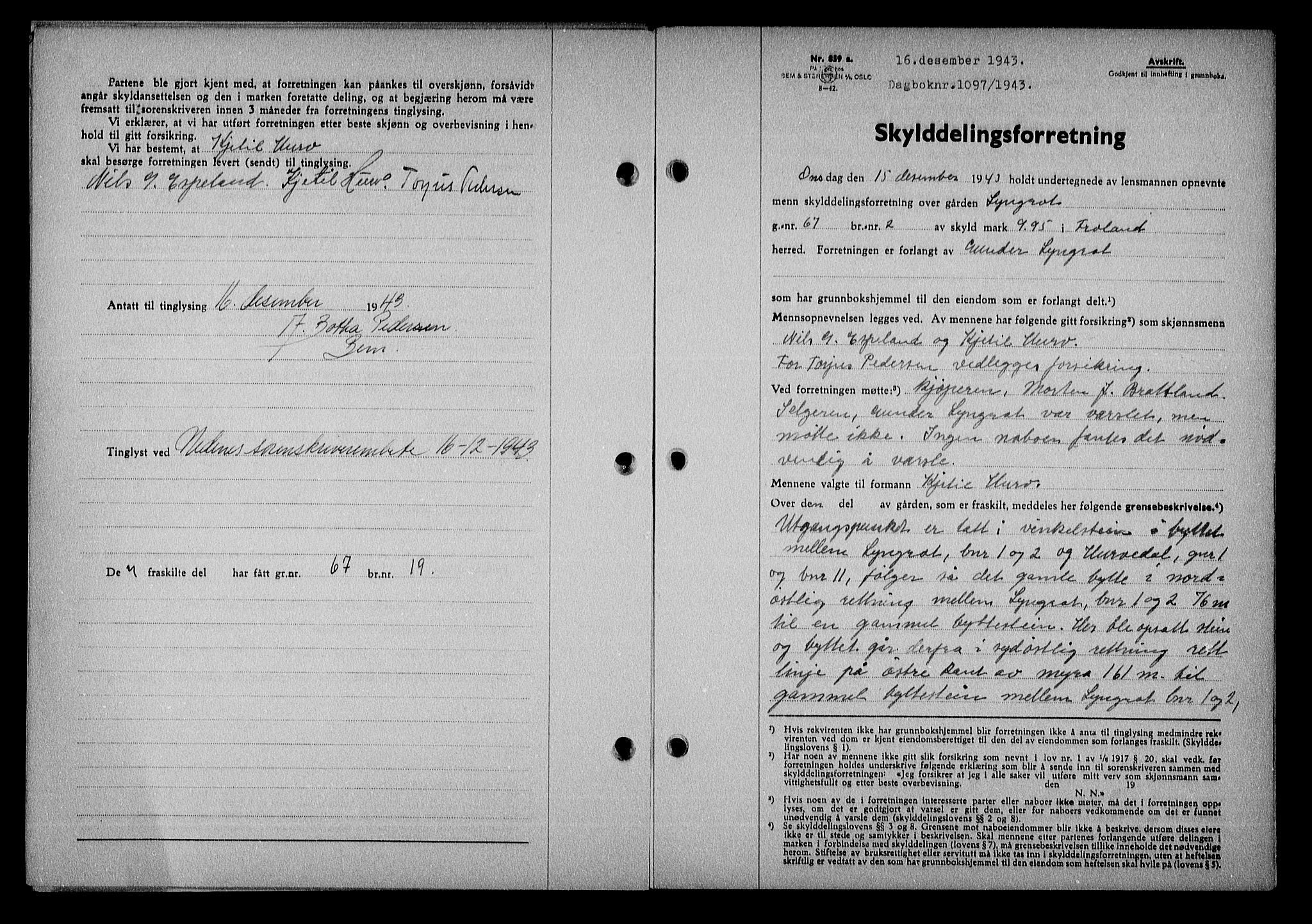 Nedenes sorenskriveri, AV/SAK-1221-0006/G/Gb/Gba/L0051: Mortgage book no. A-V, 1943-1944, Diary no: : 1097/1943