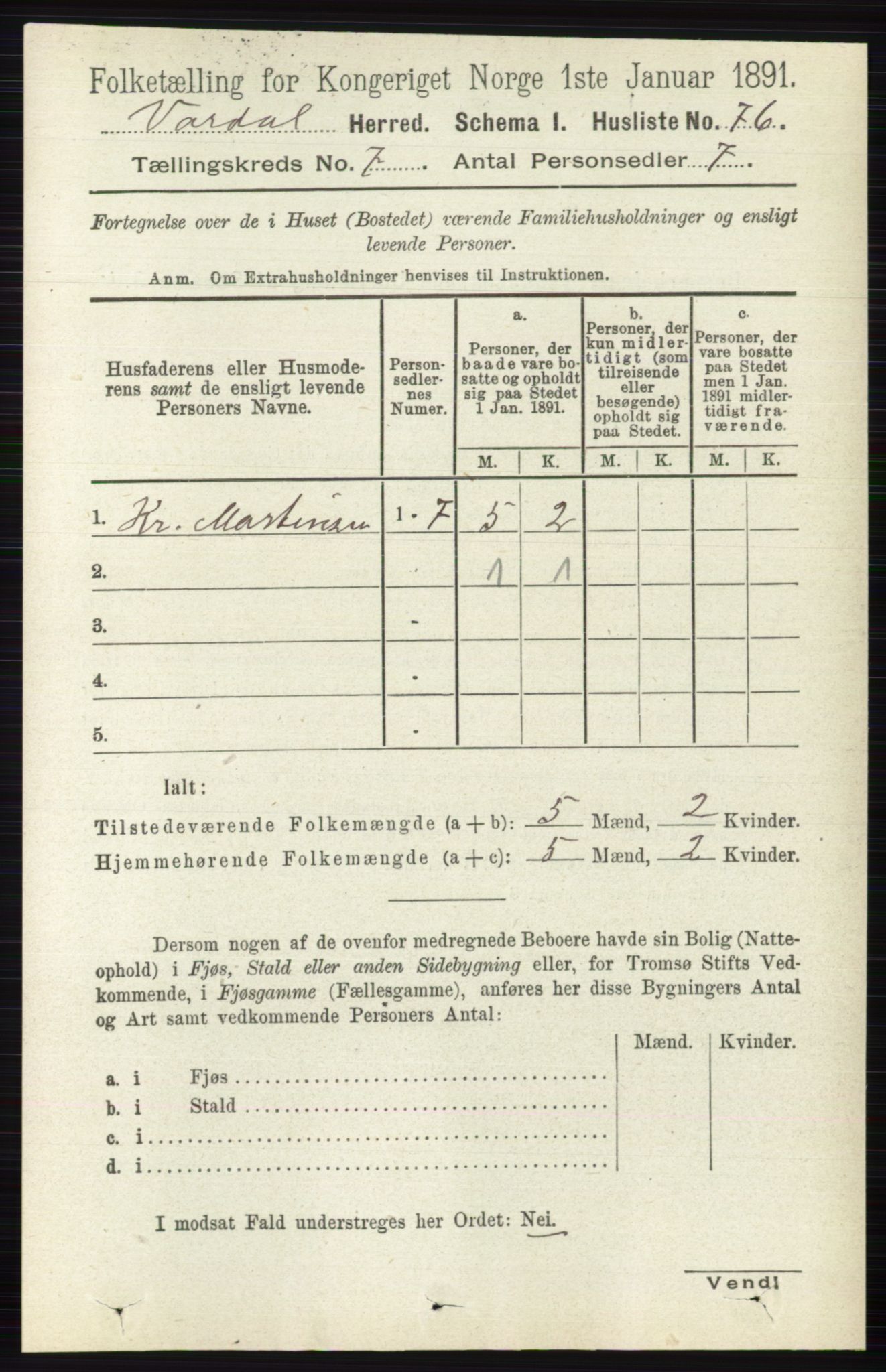 RA, 1891 census for 0527 Vardal, 1891, p. 2958